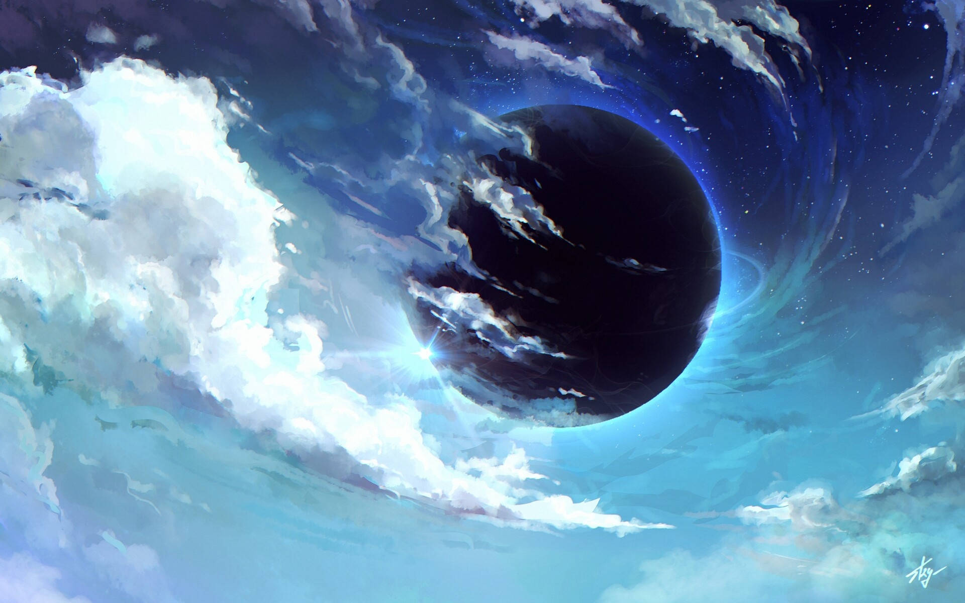 一顆黑暗的行星被旋轉的雲層和星星環繞，伴隨著明亮的太陽爆發。 — 黑洞 GIF 壁紙