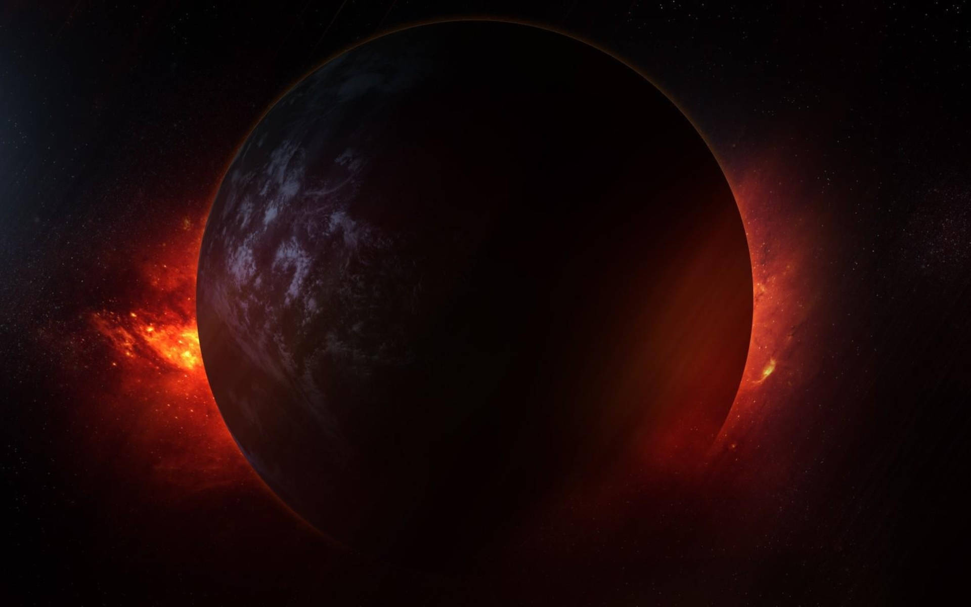 Black Planet 桌布 壁紙 — 一顆黑暗的行星被熾熱的星雲遮蔽，星雲在繁星點點的宇宙背景下發出橙色和紅色的光芒。
