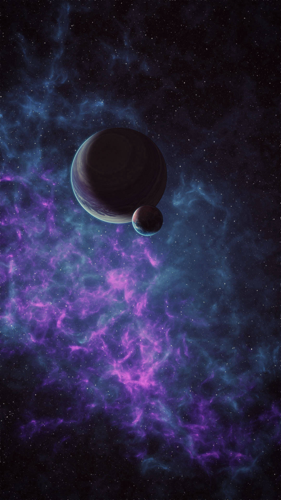 兩顆行星在充滿星星的鮮豔紫色和藍色星雲中運行。 — 星雲 GIF 壁紙