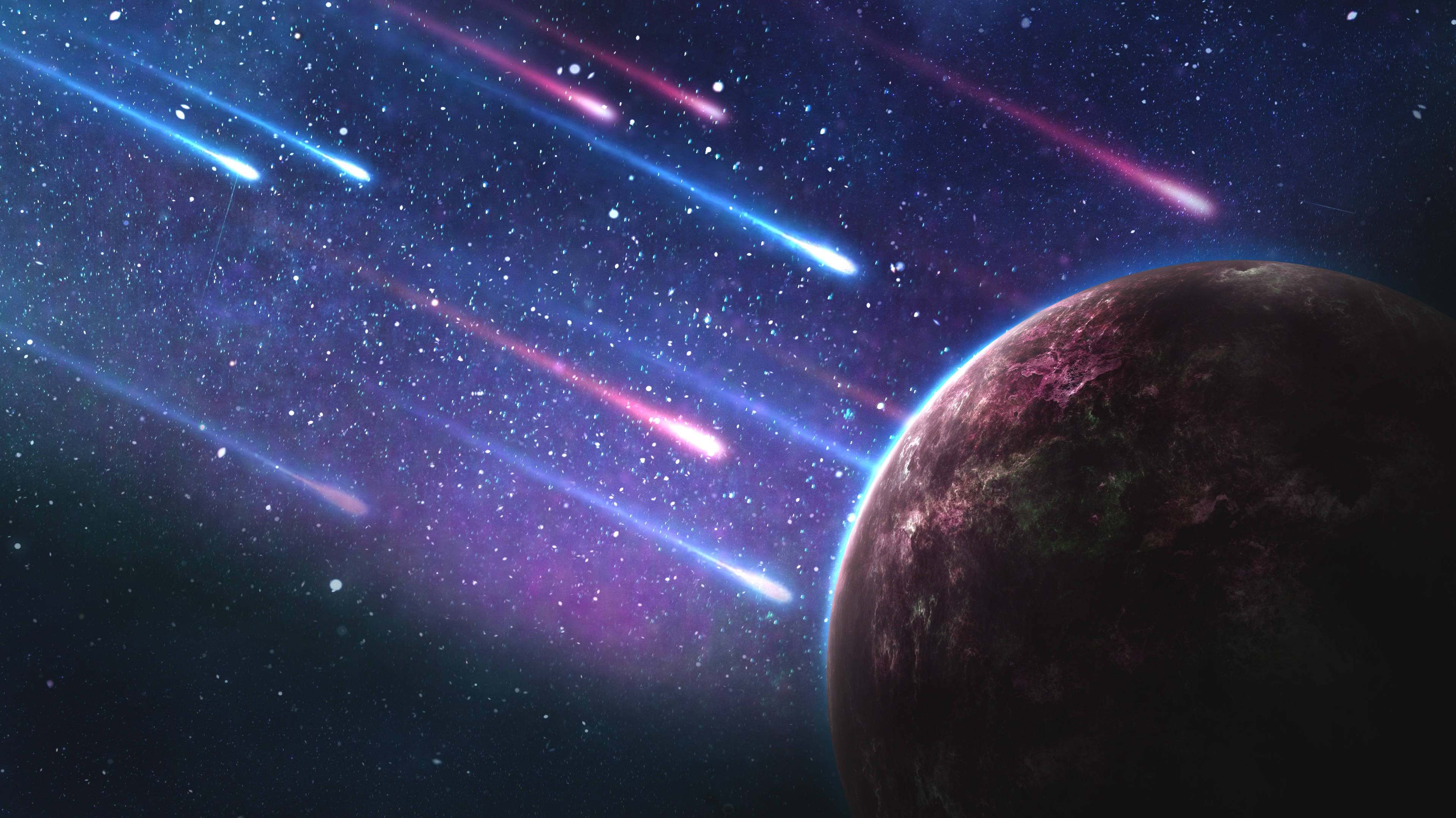 太空 桌布 壁紙 — 一顆黑暗行星在充滿活力的宇宙背景下隱現，背景中劃過發光的藍色和粉紅色流星。