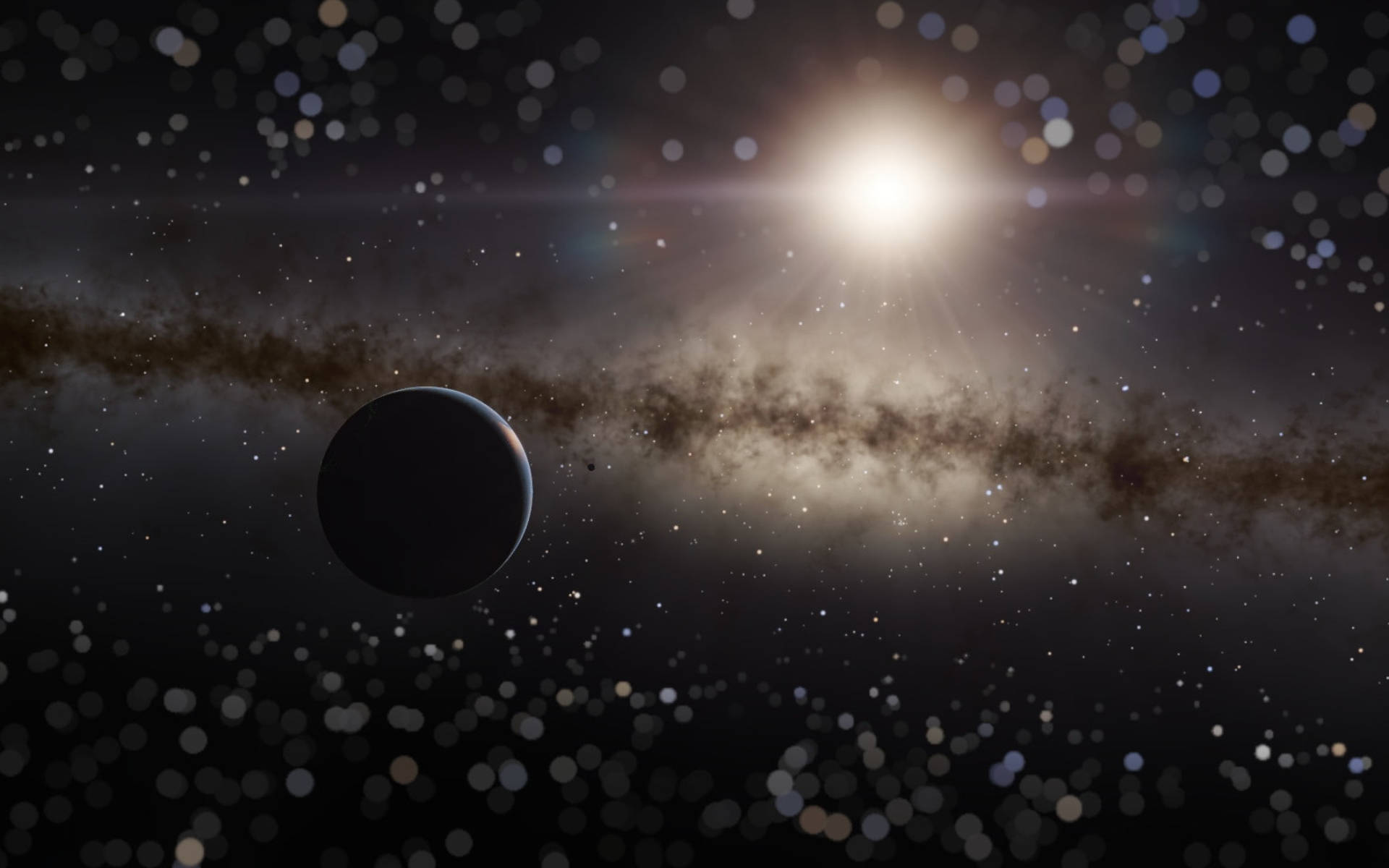 Black Planet 桌布 壁紙 — 一顆黑暗行星在發光的恆星和旋轉的宇宙塵埃前，在星場中寧靜地漂浮。