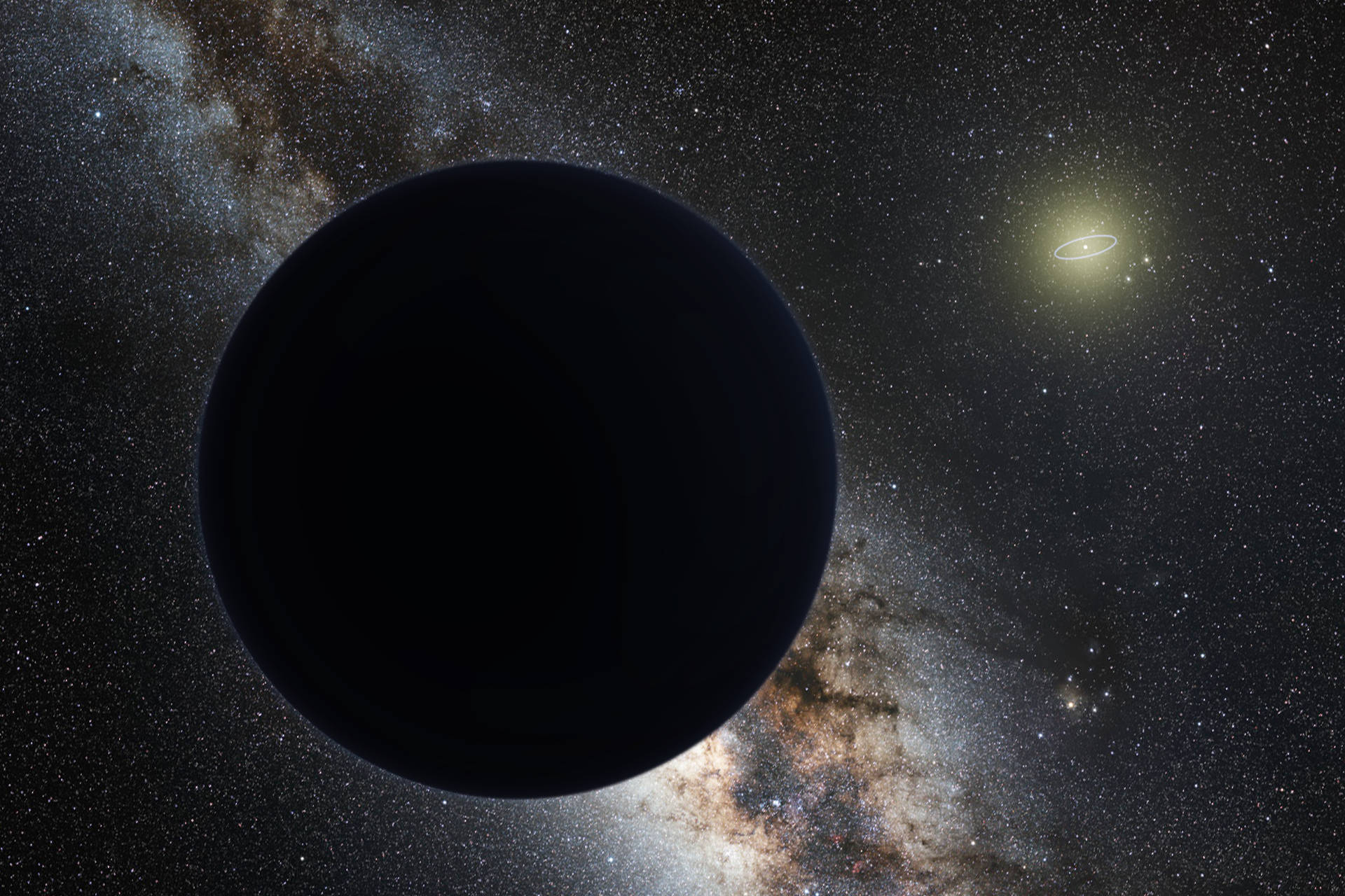 Black Planet 桌布 壁紙 — 一顆黑暗行星在繁星點點的星系背景下隱現，附近有一顆發光的環狀恆星。