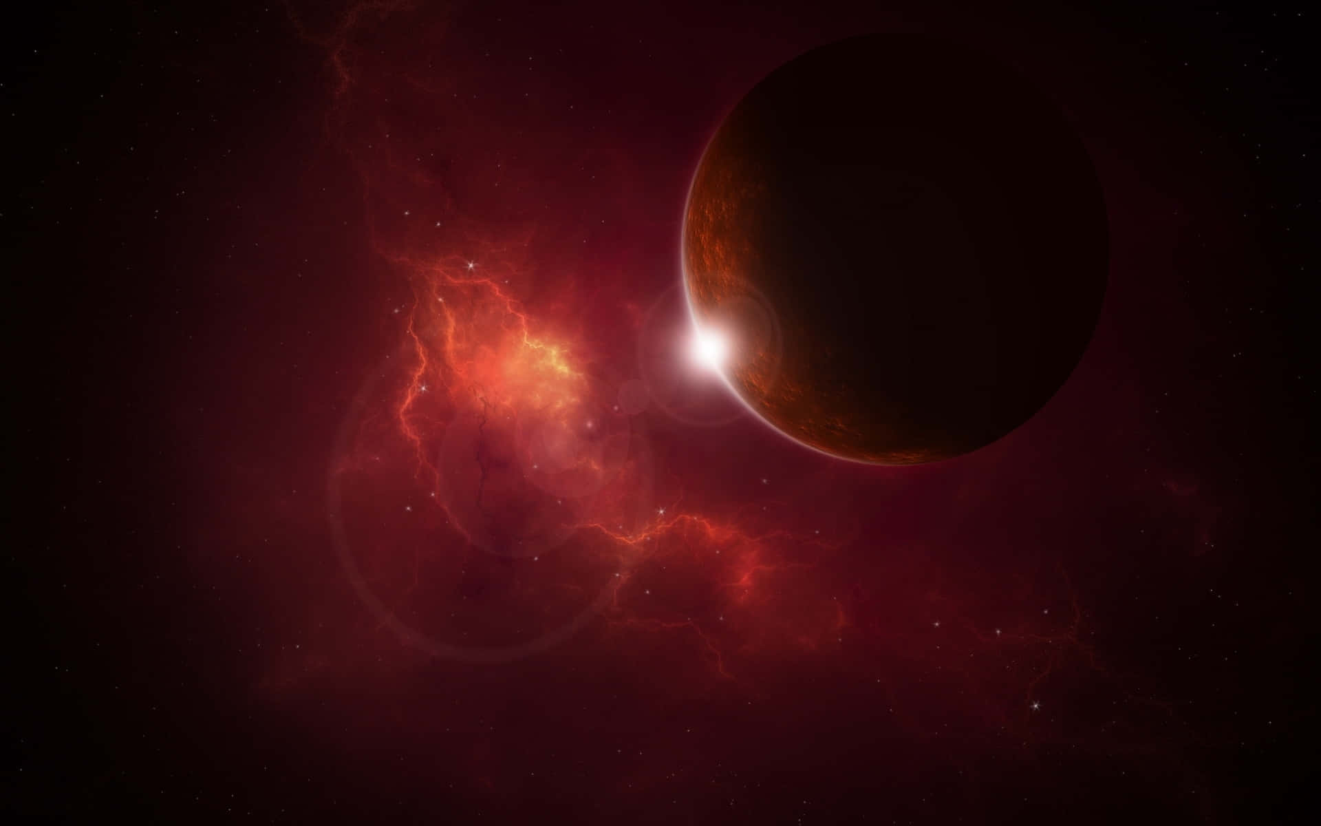 Red Space 桌布 壁紙 — 一顆黑暗行星帶著明亮的光環，在深空中繞著熾熱的紅色星雲運行。