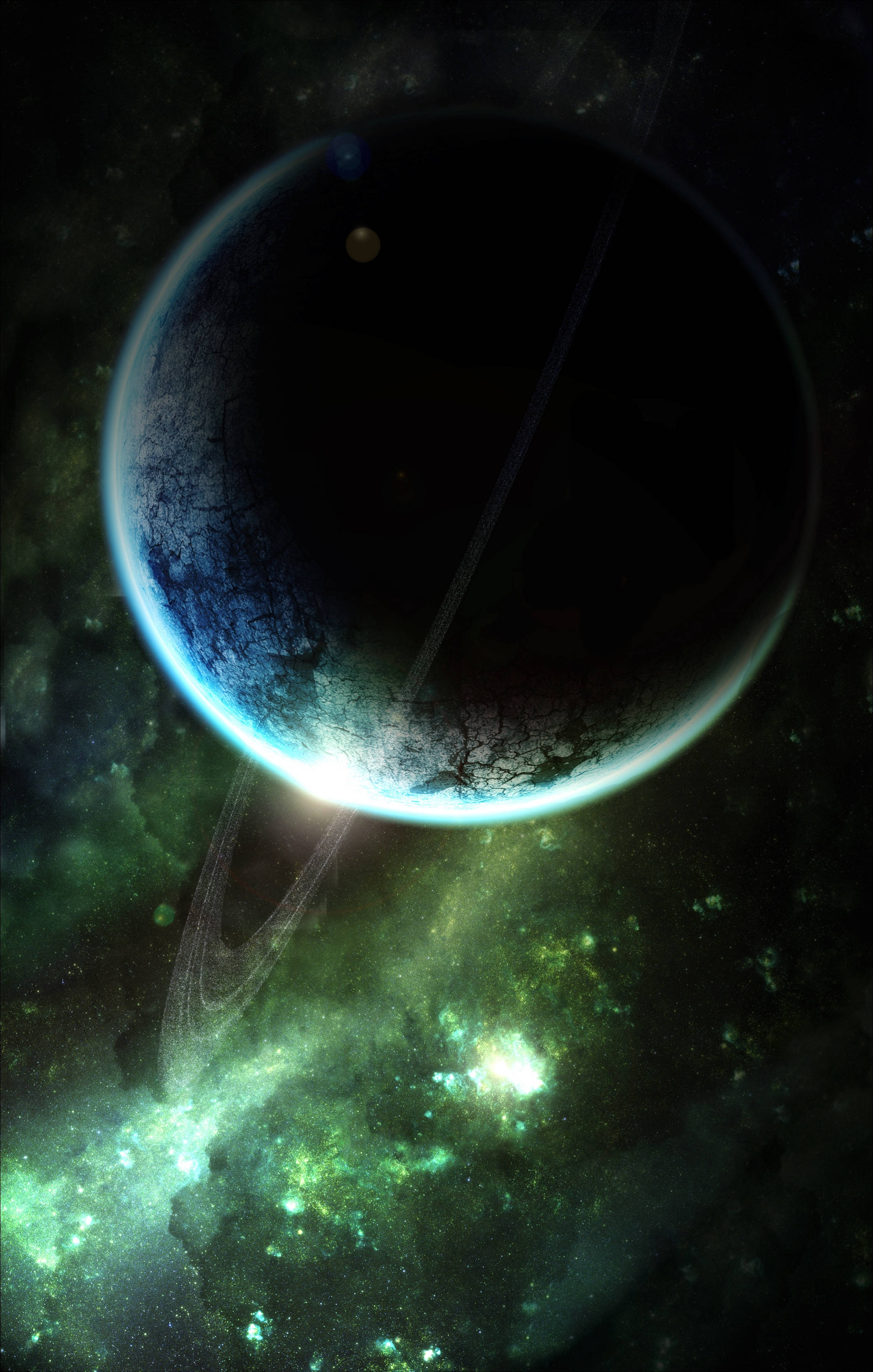 外太空 桌布 壁紙 — 一顆黑暗行星帶著發光的藍色環，在繁星點點的宇宙天空下繞著充滿活力的綠色星雲運行。