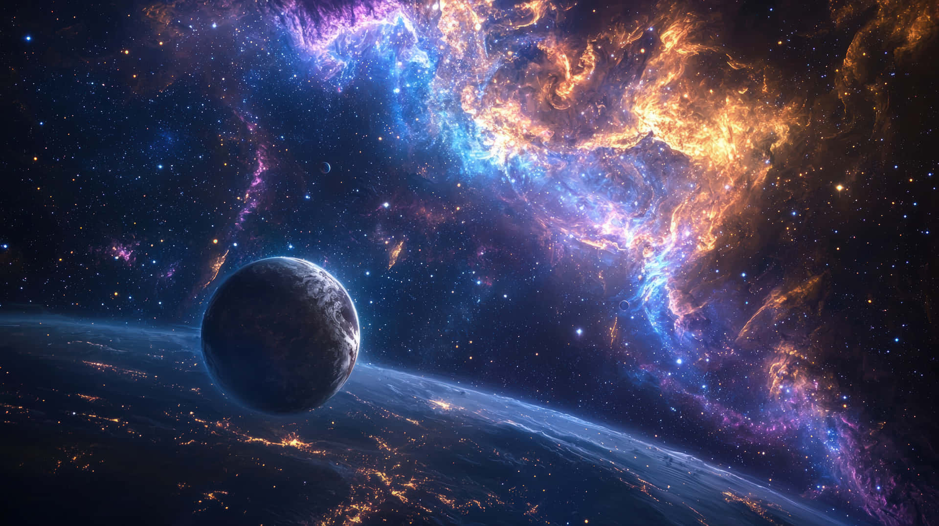 Mysterious Exoplanet Orbiting in a Vibrant Cosmic Galaxy with Glowing Nebulae and Distant Stars 壁紙 — 一顆黑暗行星漂浮在一顆發光行星之上，城市燈光映襯著藍色、橙色和紫色的鮮豔星雲。