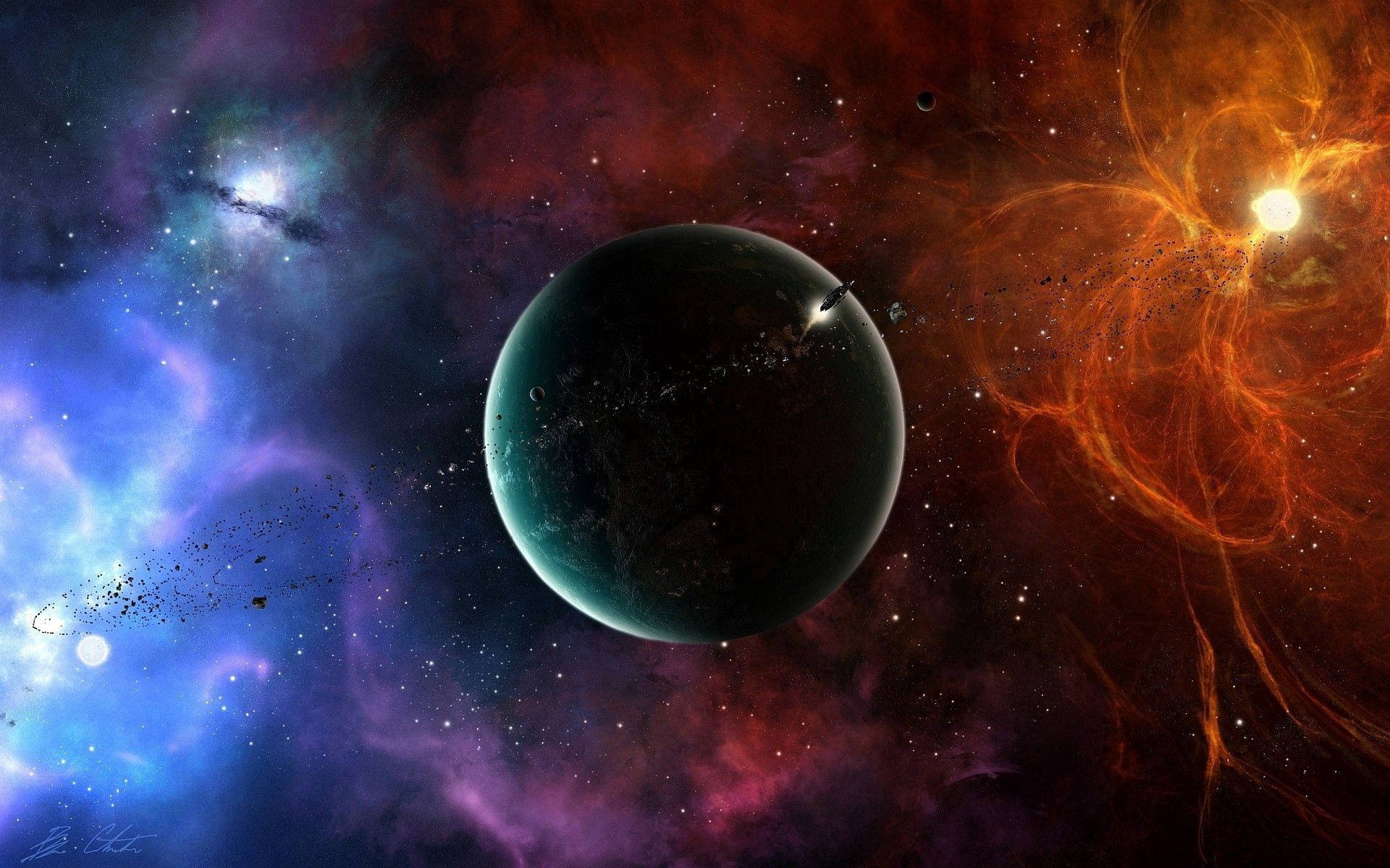 行星動畫 桌布 壁紙 — 一顆黑暗行星漂浮在藍色、紫色和火橙色的漩渦宇宙雲中，背景是星場。