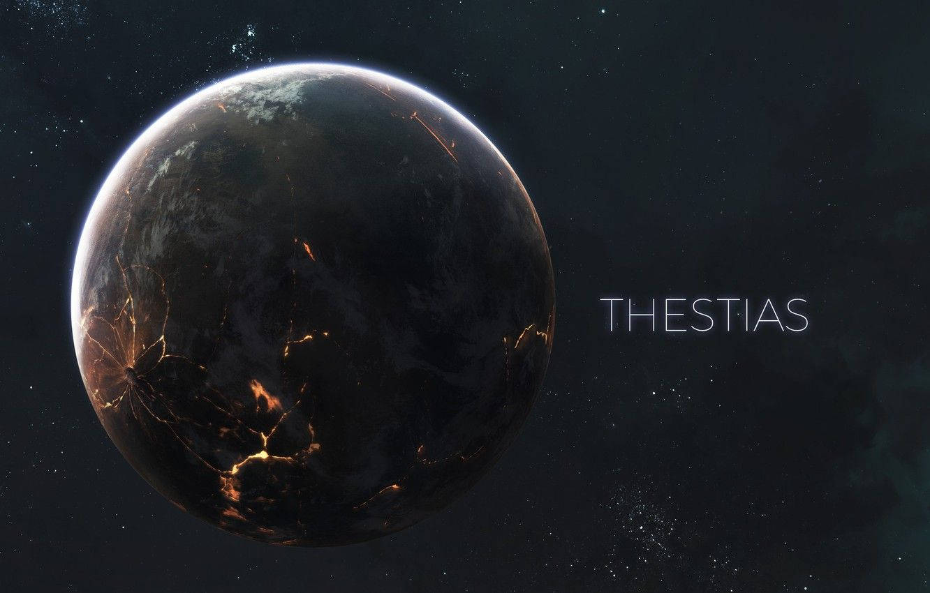 The Outer Worlds 桌布 壁紙 — 一顆黑暗裂開的行星，帶有發光的橙色裂縫，在繁星虛空中運行，附近漂浮著 Thestias 的名字。