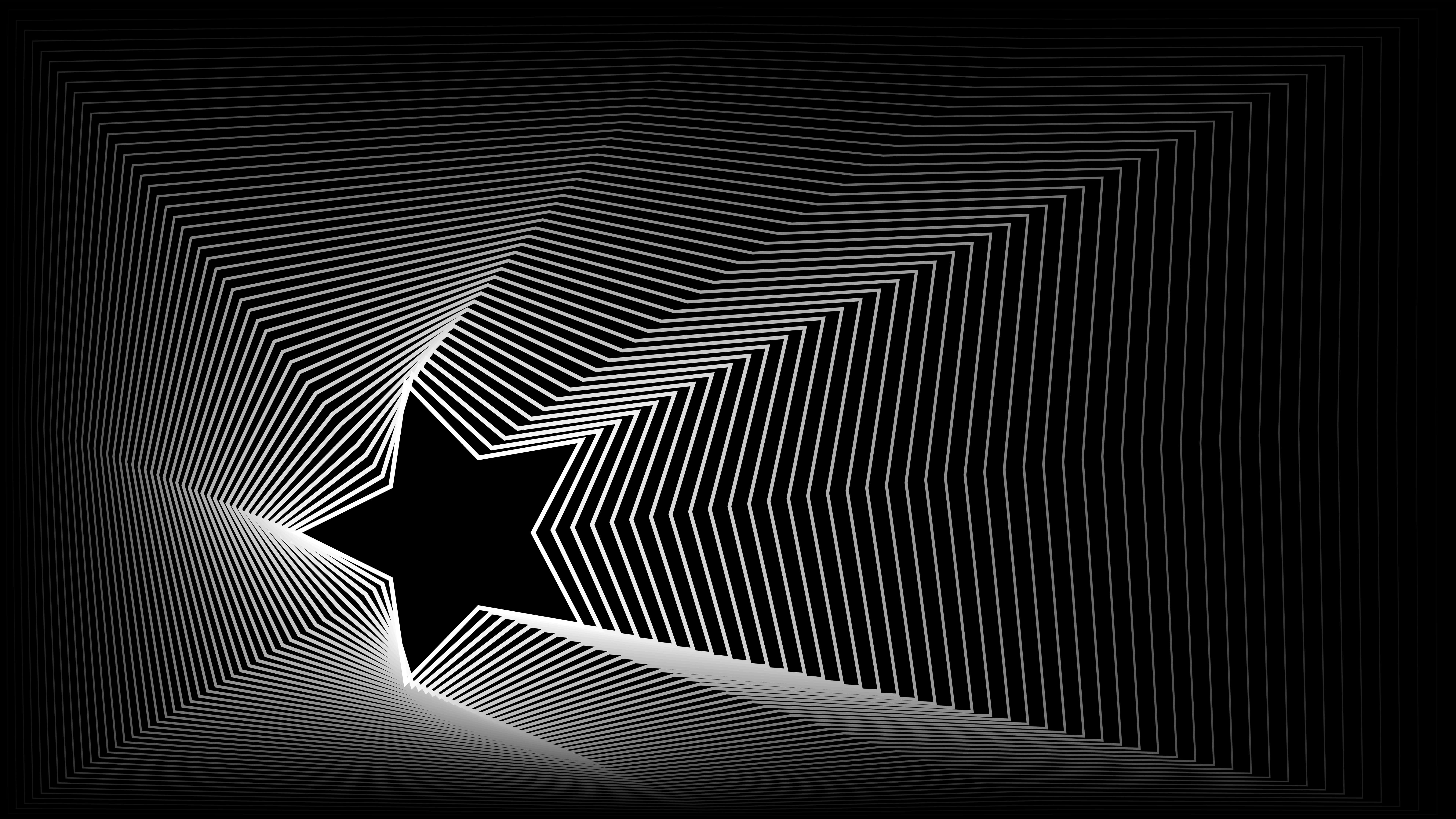 Black And White Abstract 桌布 壁紙 — 一顆黑色星星從由匯聚的白線組成的隧道中浮現，在深色背景上營造出催眠般的錯視效果。