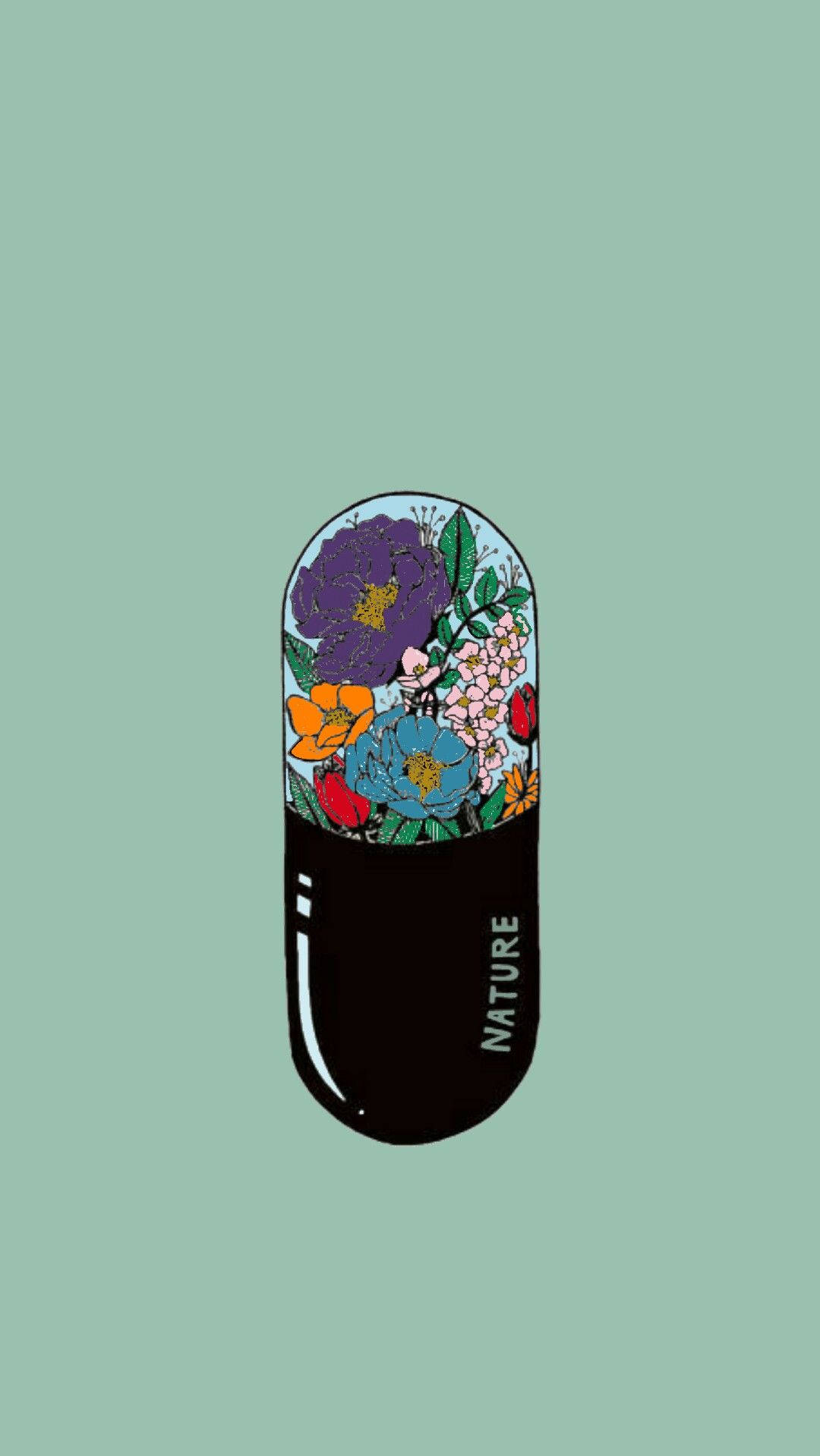 Pinterest 美學 桌布 壁紙 — 一顆黑色藥丸膠囊，裝滿了鮮豔的插畫花朵和葉子，背景是柔和的薄荷綠色。