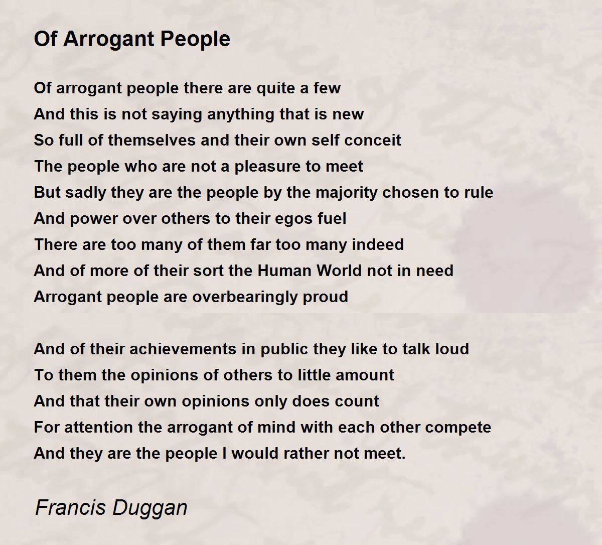 Quote 桌布 壁紙 — 一首名為《Of Arrogant People》的詩，由Francis Duggan創作，以黑色文字印在帶有紋理的仿羊皮紙上。