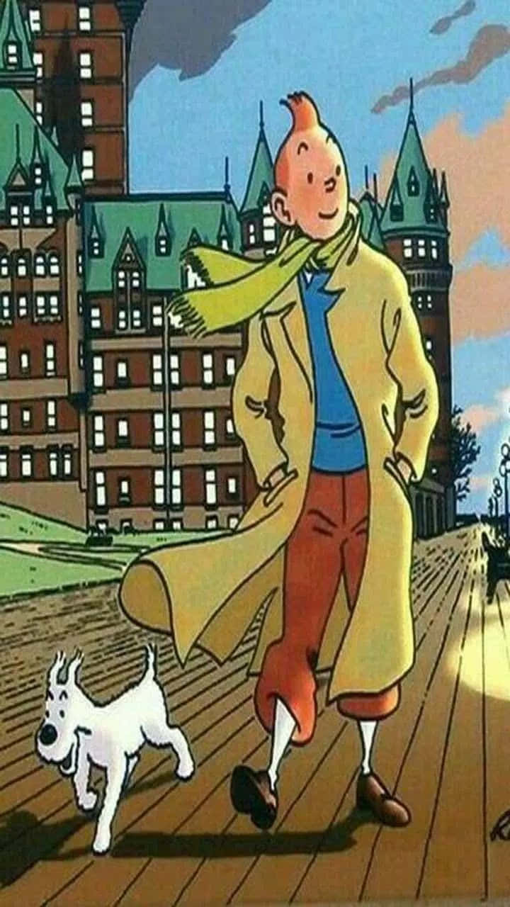 Vintage Cartoon 桌布 壁紙 — 丁丁帶著他的白色小狗雪納在木製棧道上散步，經過歐式建築，天空部分多雲。
