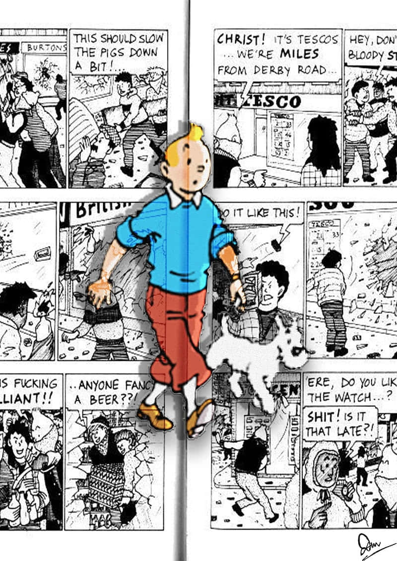 Cartoon 桌布 壁紙 — 丁丁與雪球走過一個混亂的漫畫場景，充滿英國俚語和超市混亂。