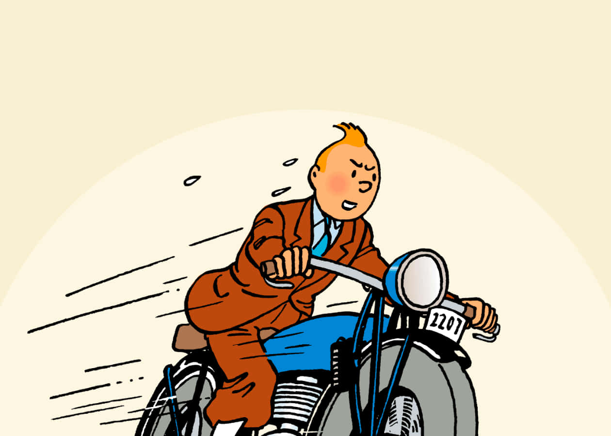 機車 桌布 壁紙 — 丁丁騎著一輛藍色摩托車，堅定地朝向純米色背景。