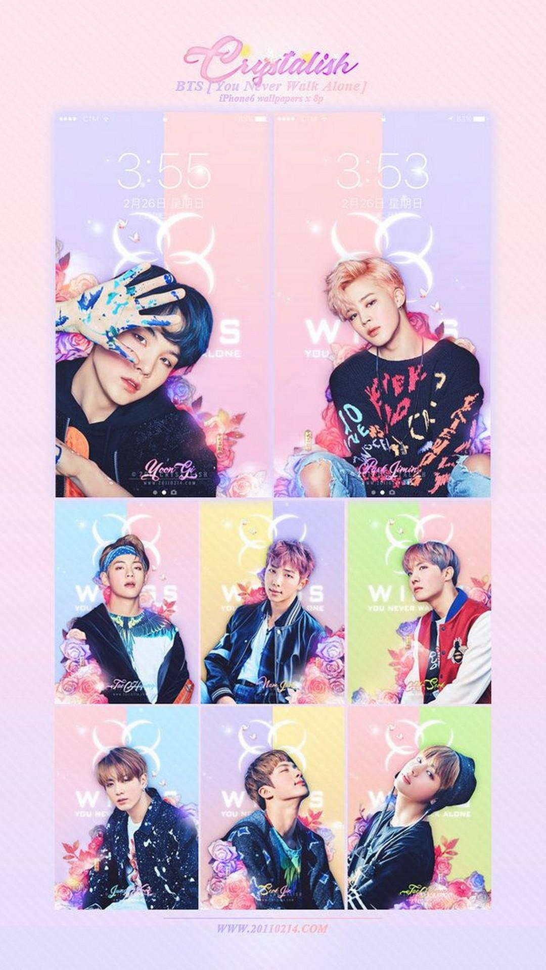 BTS 桌布 壁紙 — 七位BTS成員在色彩繽紛的粉彩背景中，帶有花卉點綴和發光的心形圖案。