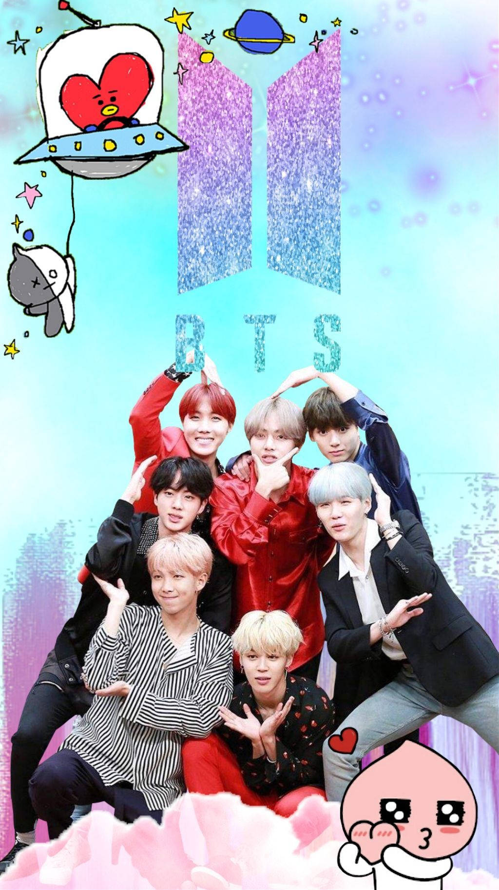 BTS 卡通 桌布 壁紙 — 七位BTS成員在閃爍的宇宙背景下，與卡通外星人和漂浮的心形圖案一起俏皮地擺姿勢。