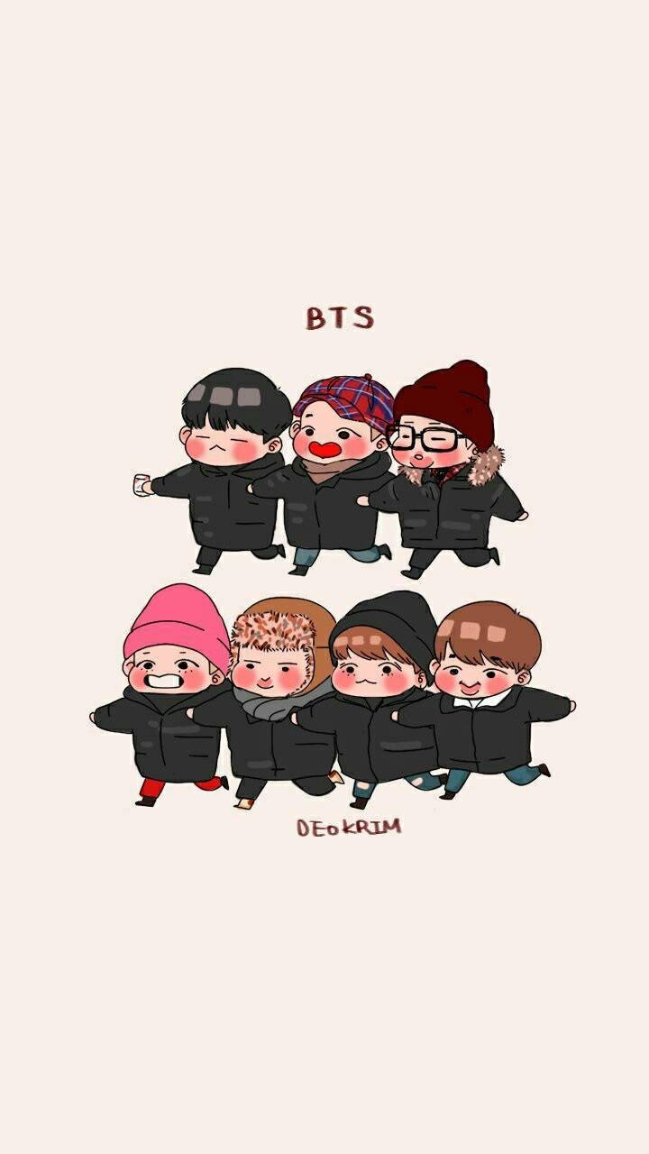 BTS 卡通 桌布 壁紙 — 七位BTS成員穿著冬季外套和帽子，在純米色背景上一起擺姿勢的Q版卡通插圖。