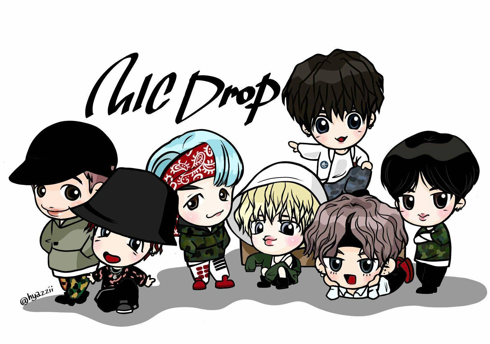 Q版動圖 桌布 壁紙 — 七位K-pop偶像以Q版風格卡通插畫在「Chic Drop」文字下一同擺姿勢。