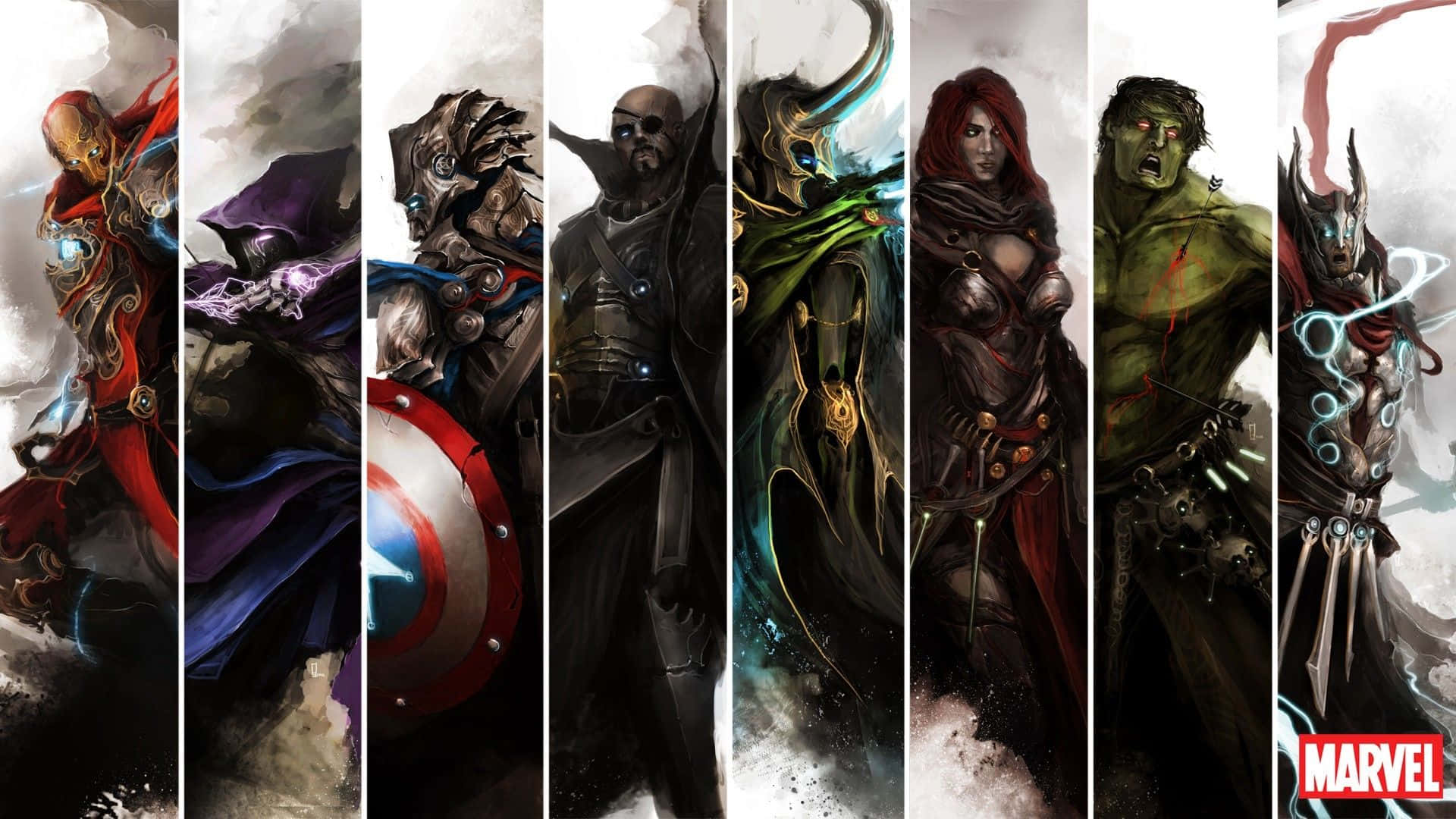 Best Marvel 桌布 壁紙 — 七位Marvel超級英雄與反派站在戲劇性的垂直面板中，背景是暴風雨的天空，每個人都散發著力量和強度。