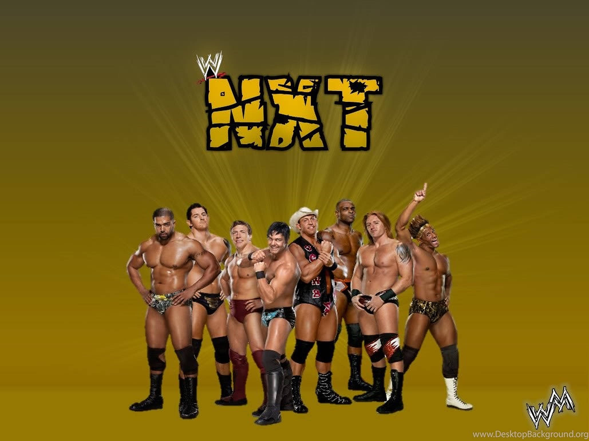 nxt 桌布 壁紙 — 七位WWE NXT摔角手在耀眼的黃色漸層背景前自信地擺姿勢，NXT標誌在他們上方發光。