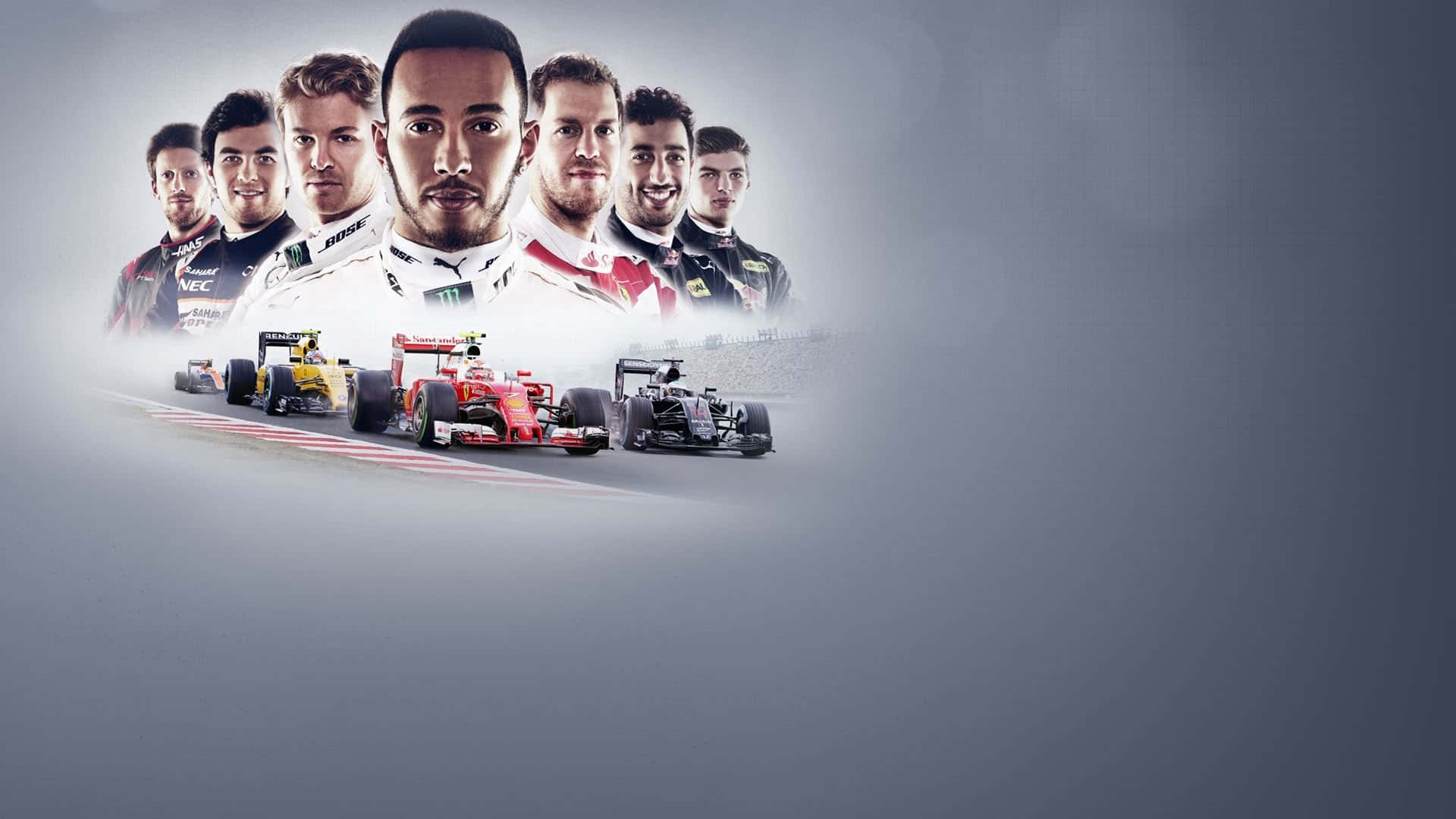 F1 2016 桌布 壁紙 — 七位一級方程式賽車手身穿賽車服，在煙霧繚繞的灰色背景襯托下，懸浮在賽道上他們標誌性的賽車上方。