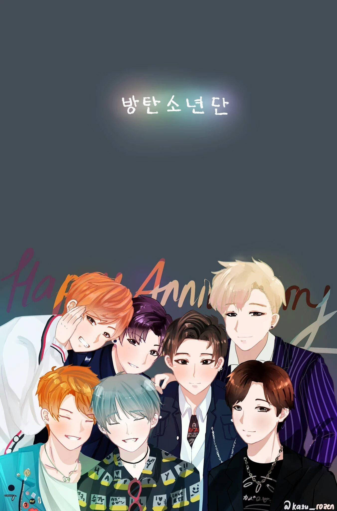 BTS 桌布 壁紙 — 七位動漫風格的男性偶像，擁有色彩繽紛的頭髮，在深灰色背景前一起擺姿勢，背景上有發光的韓文文字。
