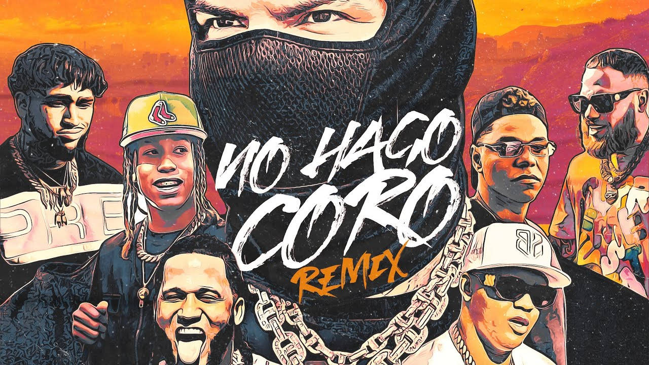 farruko 桌布 壁紙 — 七位嘻哈藝術家的鮮豔數位插圖，帶有粗體文字和火熱的橙色背景。