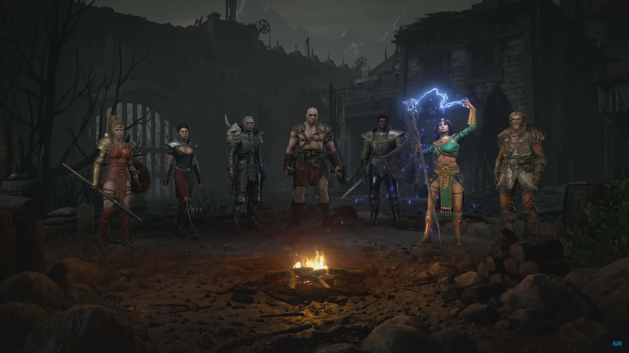 Diablo 2 Resurrected 桌布 壁紙 — 七位奇幻戰士在陰沉天空下，聚集在一個廢墟、風暴肆虐的荒原上的營火旁。