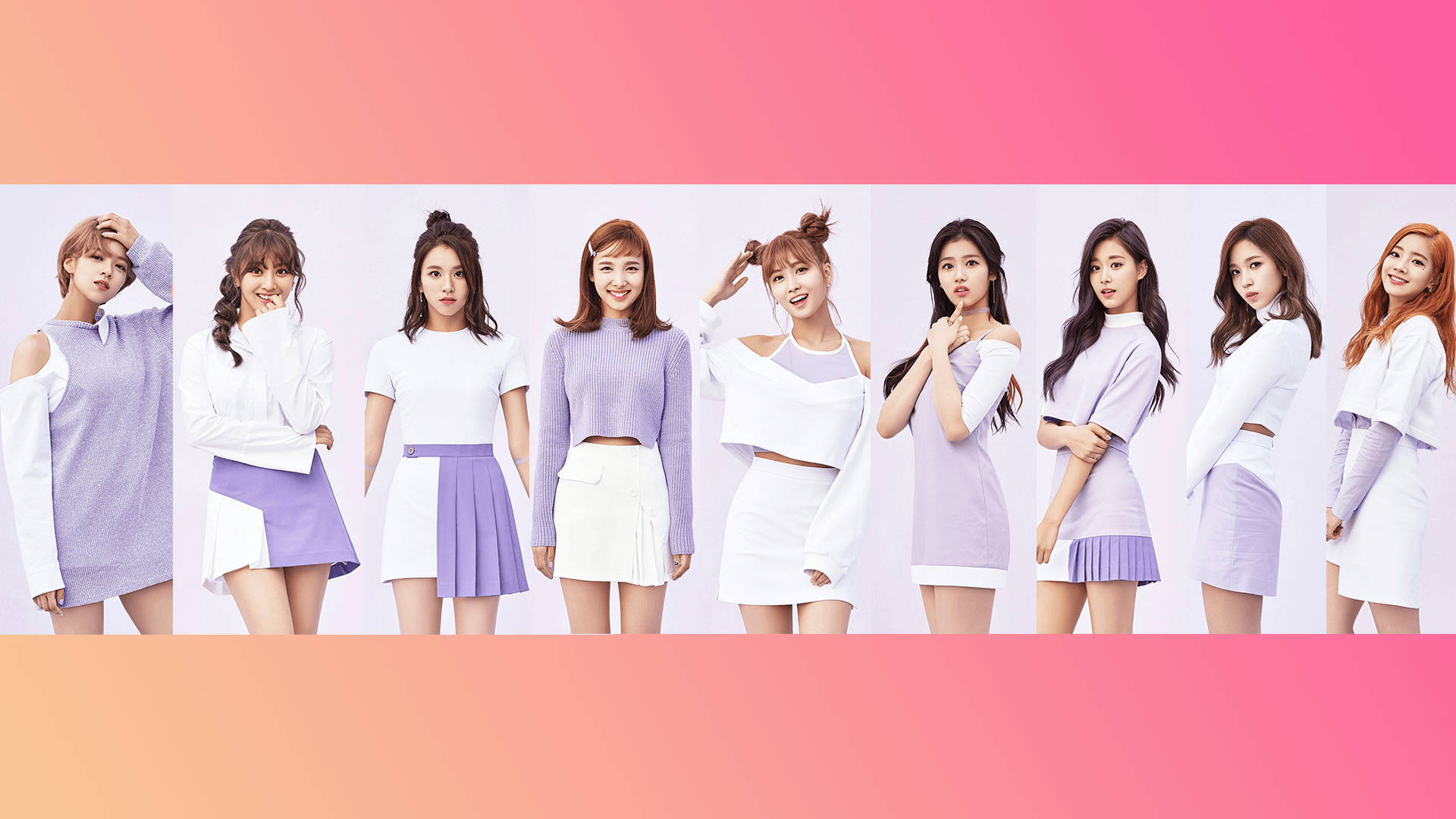twice 桌布 壁紙 — 七位年輕女性身穿淡紫色和白色服裝，在粉紅和蜜桃漸變背景前自信地擺姿勢。