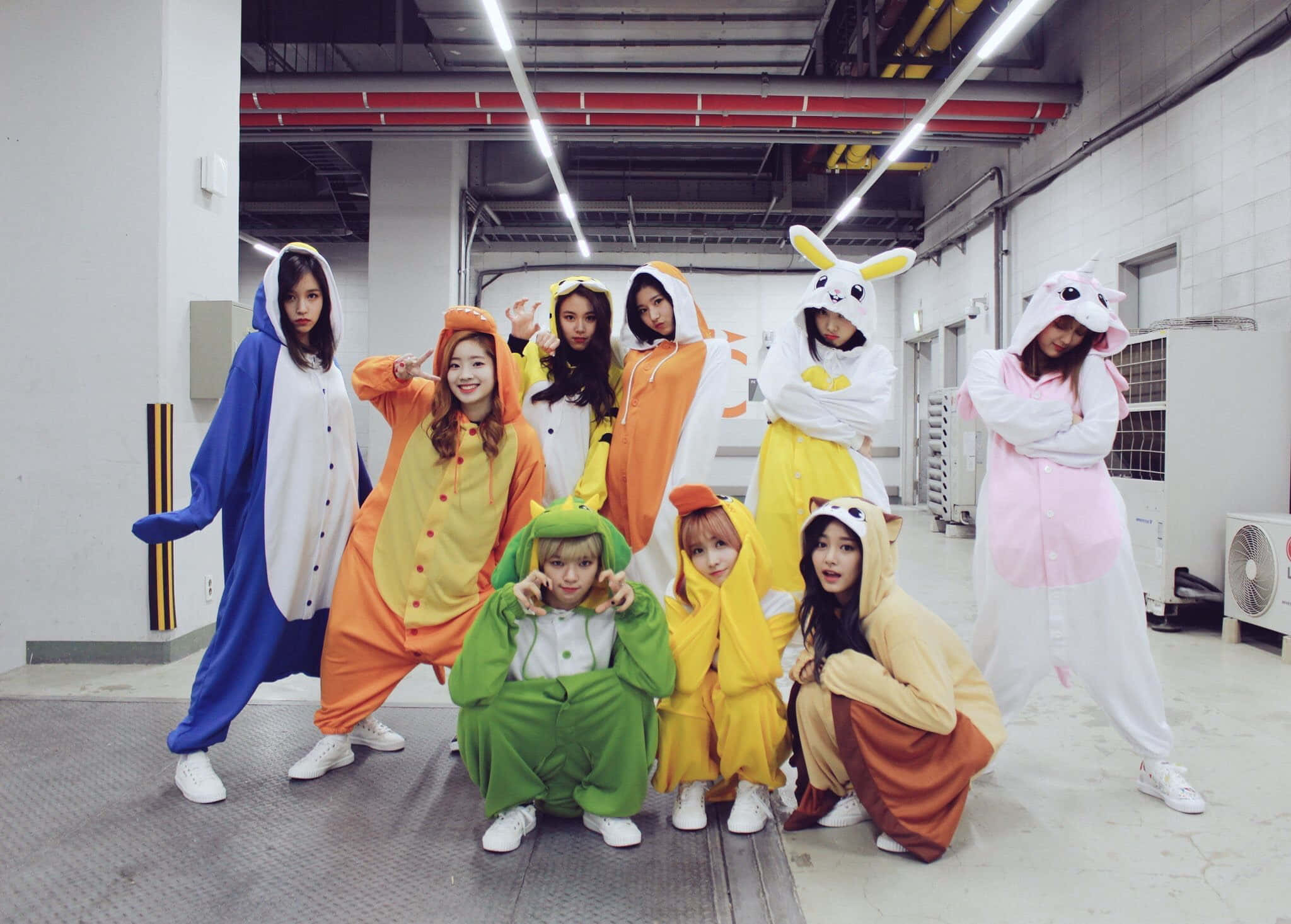 twice 桌布 壁紙 — 七位年輕女性身穿色彩繽紛的動物連體衣，在明亮的工業車庫中俏皮地擺姿勢。