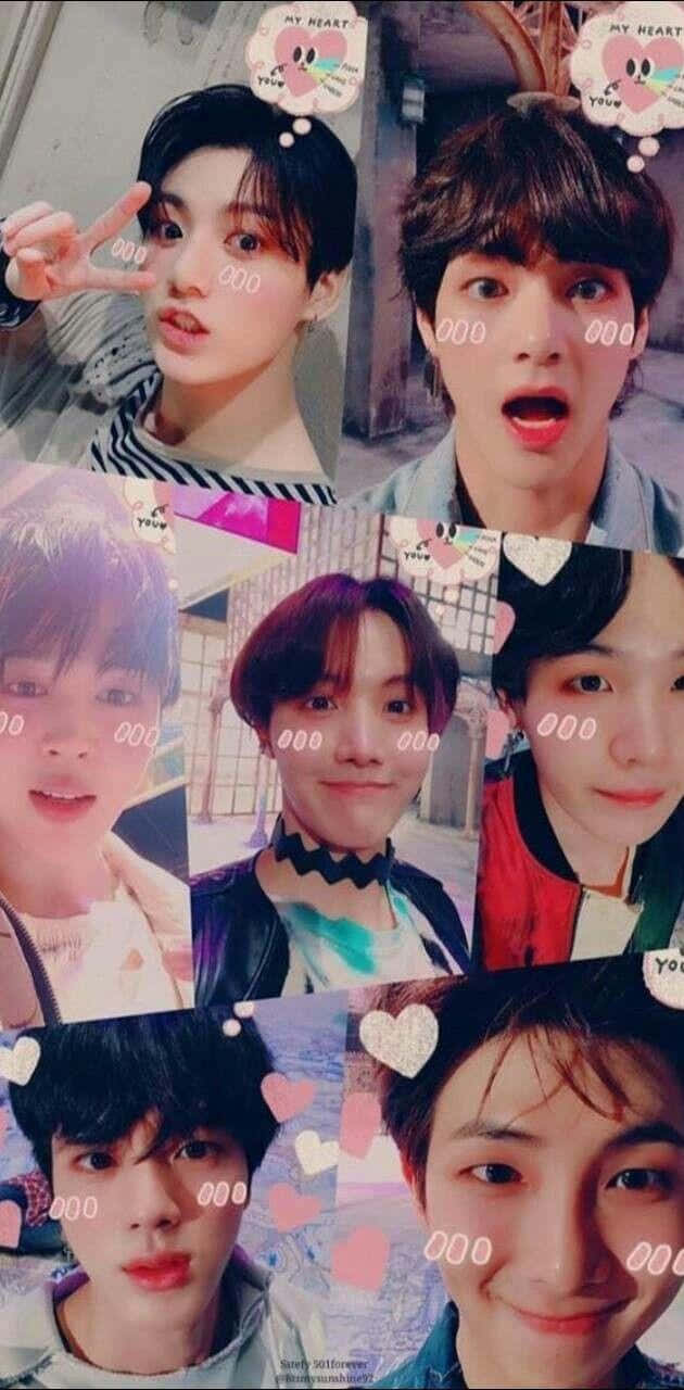 BTS 桌布 壁紙 — 七位年輕男士以玩味心形貼紙和「000」疊加效果擺姿勢的拼貼畫，充滿活力的自拍風格。