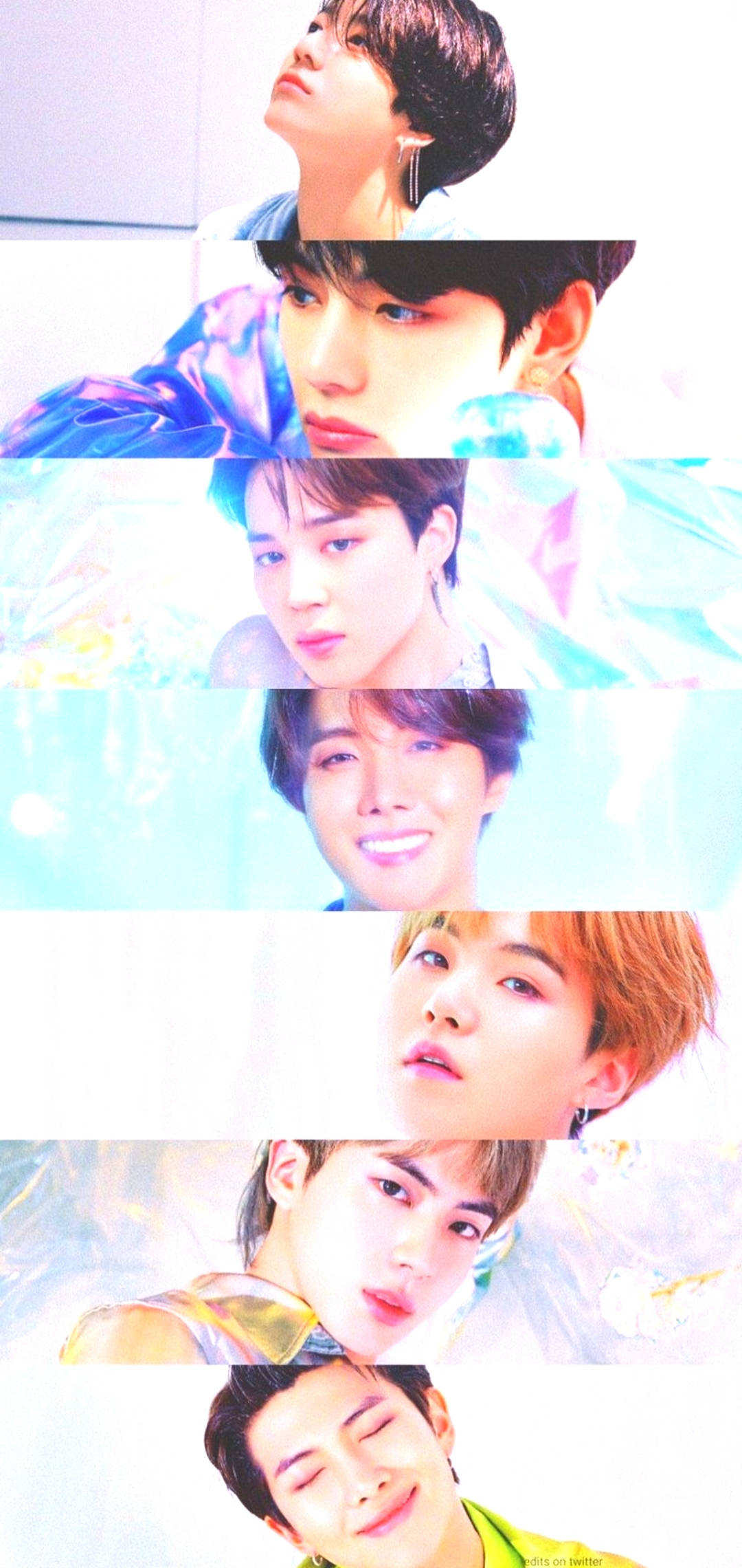 BTS 鎖定螢幕 桌布 壁紙 — 七位年輕男士的垂直拼貼，表情豐富，背景色彩繽紛。