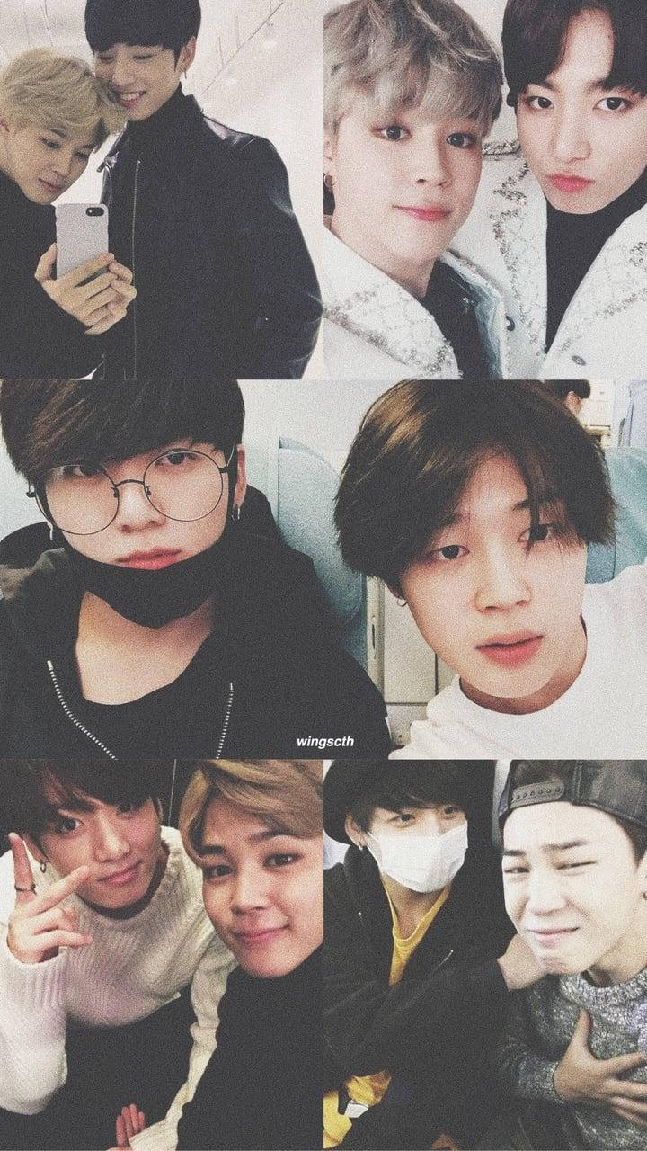 Jikook 桌布 壁紙 — 七位年輕男士穿著休閒服裝，以不同表情和姿勢拍攝的特寫自拍拼貼畫。