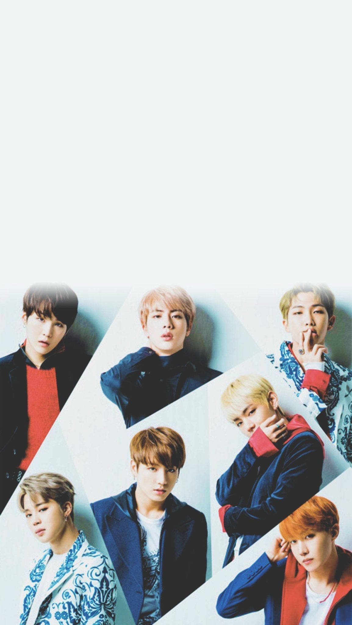 BTS 鎖定螢幕 桌布 壁紙 — 七位年輕男士穿著時尚服裝，在明亮的白色背景上以幾何拼貼自信地擺姿勢。