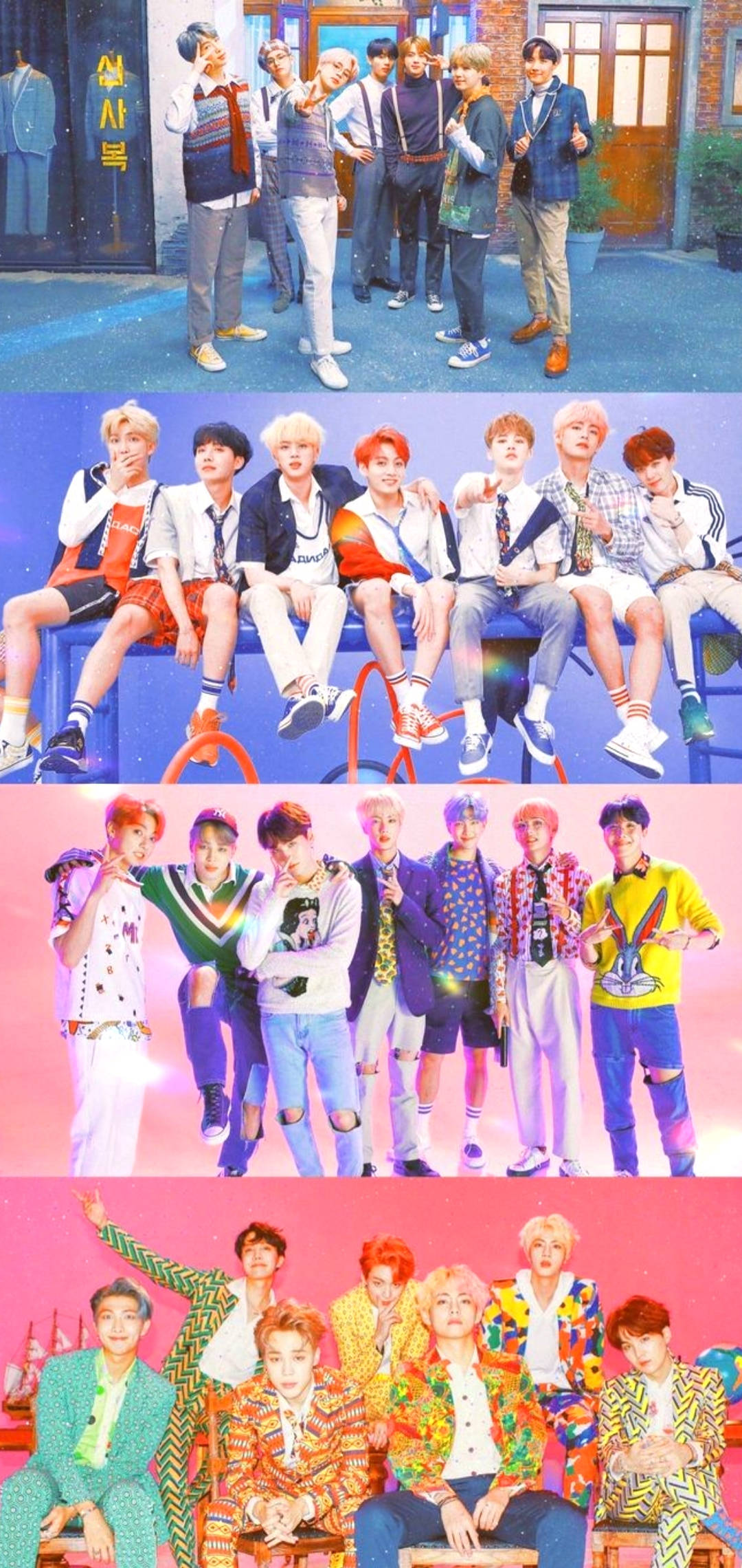 BTS 鎖定螢幕 桌布 壁紙 — 七位年輕男子穿著色彩繽紛的復古服裝，在四個充滿活力的場景中，以城市和工作室背景擺姿勢。