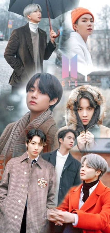 BTS 桌布 壁紙 — 七位年輕男子身穿時尚冬季大衣，在傘下和柔和冬日光線中，以雪景城市為背景擺姿勢。