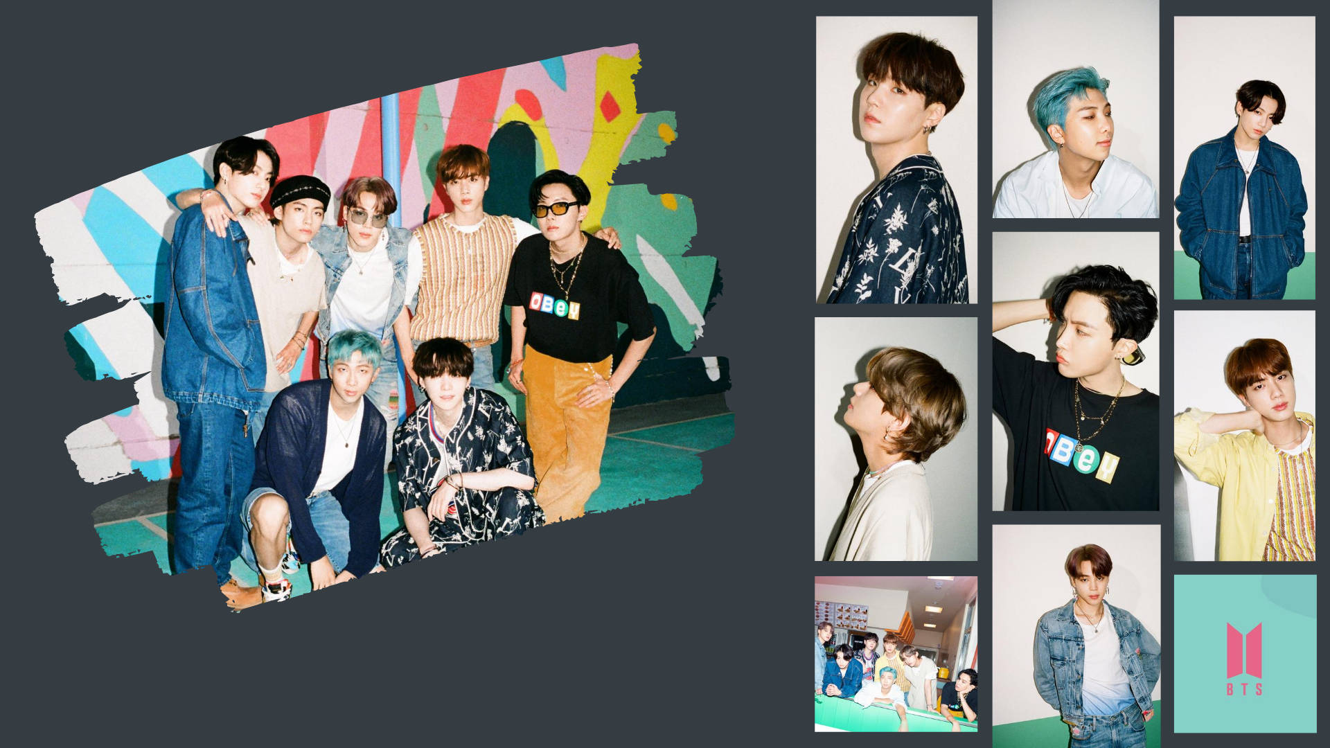 bts group cute 桌布 壁紙 — 七位年輕男性在充滿活力的塗鴉牆前自信地擺姿勢，並在個人照中以色彩繽紛的服裝和富有表現力的姿勢展現自己。