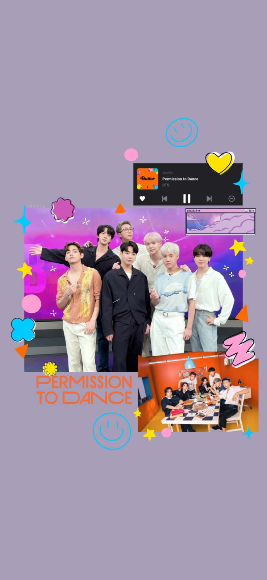 Bts Permission To Dance 桌布 壁紙 — 七位年輕男性在充滿活力的紫色背景前愉快地擺姿勢，搭配俏皮的圖形疊加和音樂播放器小工具。