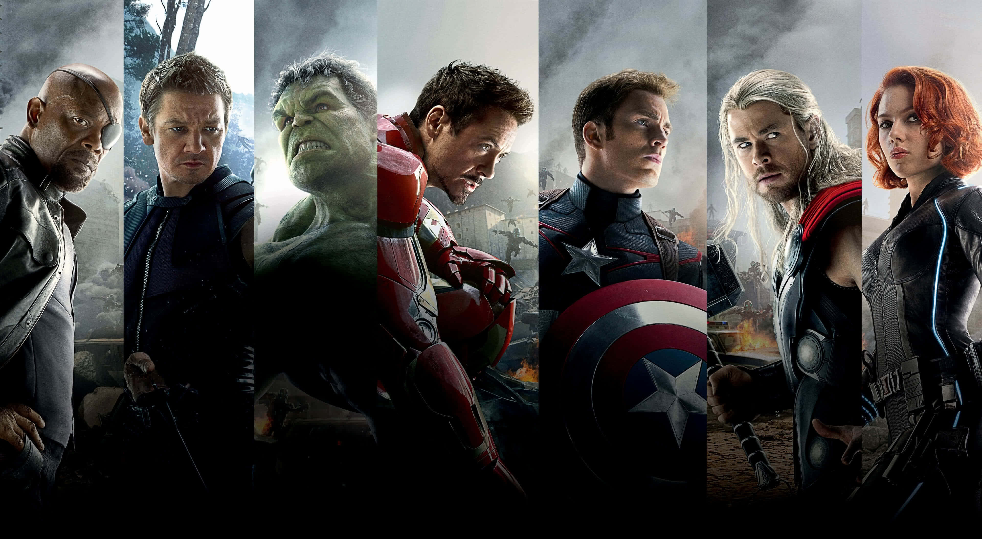 4K Marvel 壁紙 桌布 壁紙 — 七位復仇者聯盟英雄以戲劇性的垂直面板站立，背景是暴風雨般的戰鬥場景，每位都有強烈的表情和標誌性服裝。