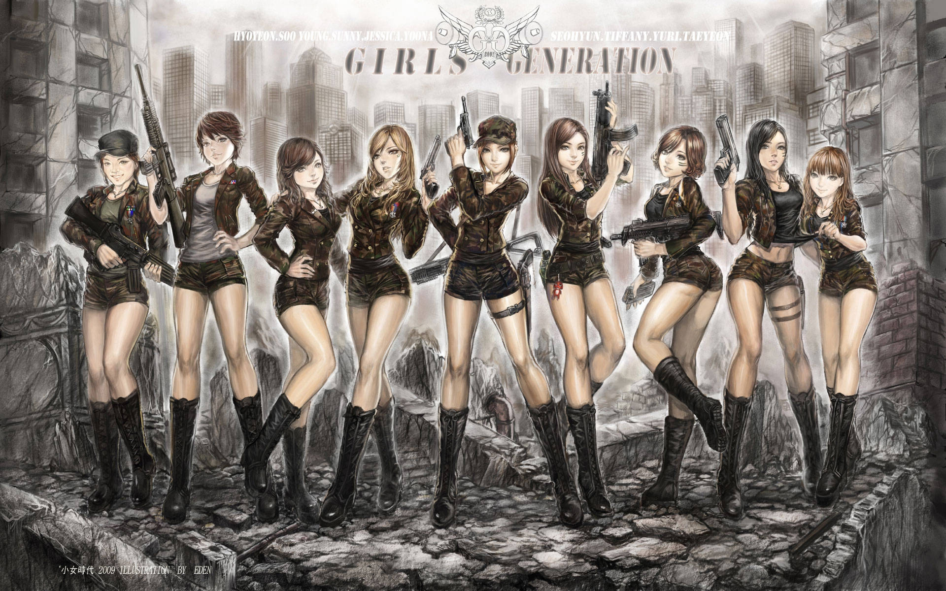 girls 桌布 壁紙 — 七位插畫女性偶像身穿軍裝，在骯髒的城市廢墟中自信地手持武器站立。