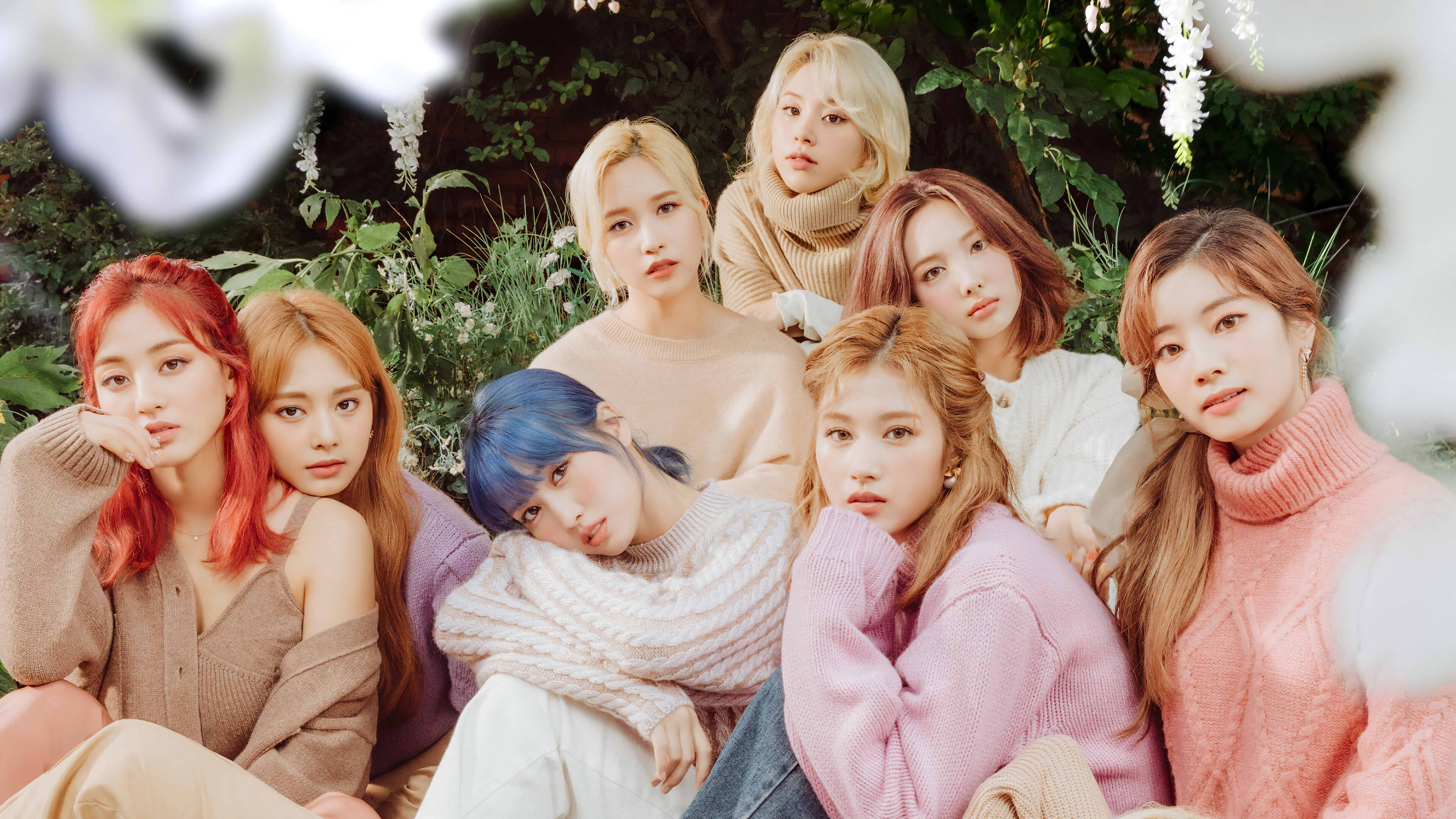 Kpop Aesthetic 桌布 壁紙 — 七位擁有繽紛髮色的女性穿著舒適毛衣，在茂密綠植與白花中一起擺姿勢。