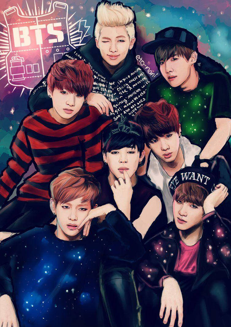 Kpop Aesthetic 桌布 壁紙 — 七位擁有鮮豔髮色的年輕男子在帶有 'BTS' 標誌的宇宙星空背景下自信地擺姿勢。