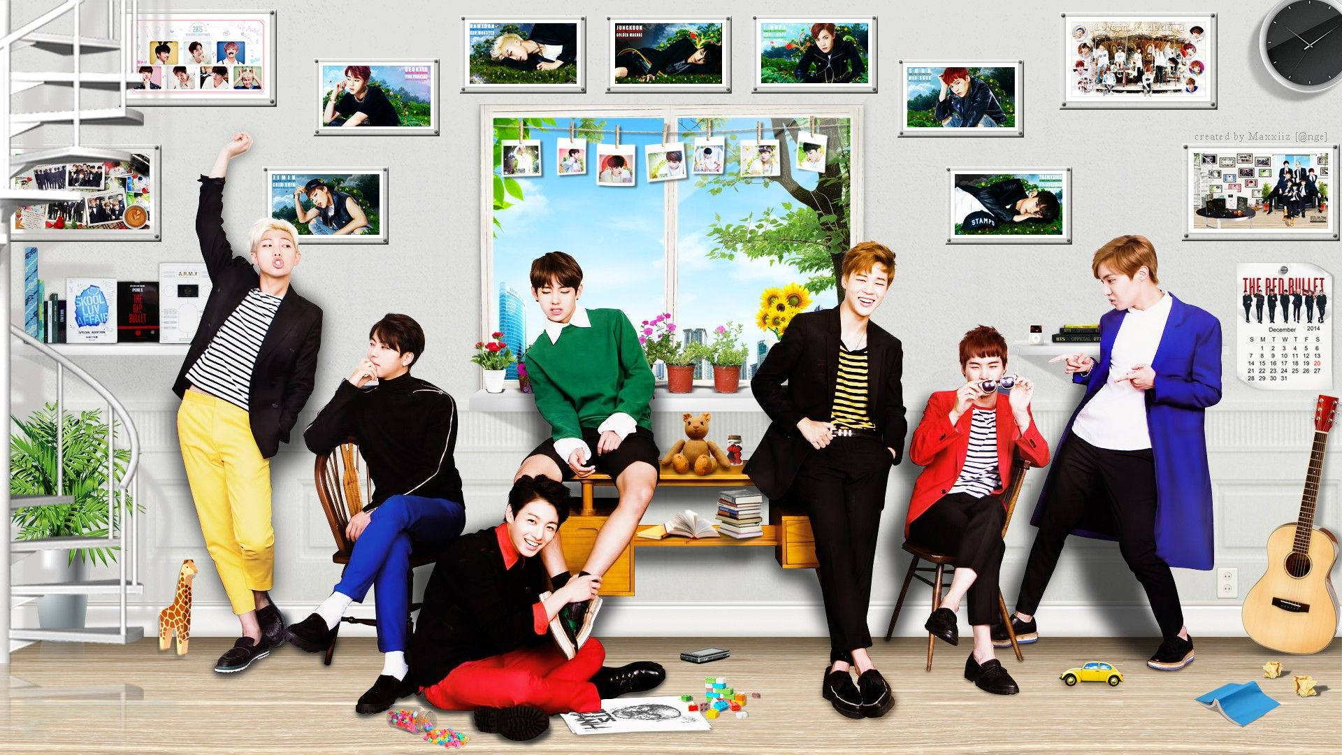 BTS 2021 桌布 壁紙 — 七位時尚年輕男士在一個充滿照片、玩具和樂器的明亮房間裡隨意擺姿勢。