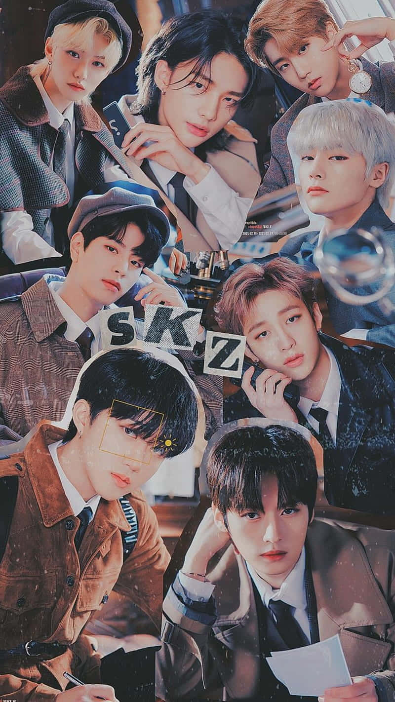 Stray Kids 2020 桌布 壁紙 — 七位時尚年輕男士身穿棕色和灰色協調服裝，自信地擺姿勢的充滿活力的拼貼畫。