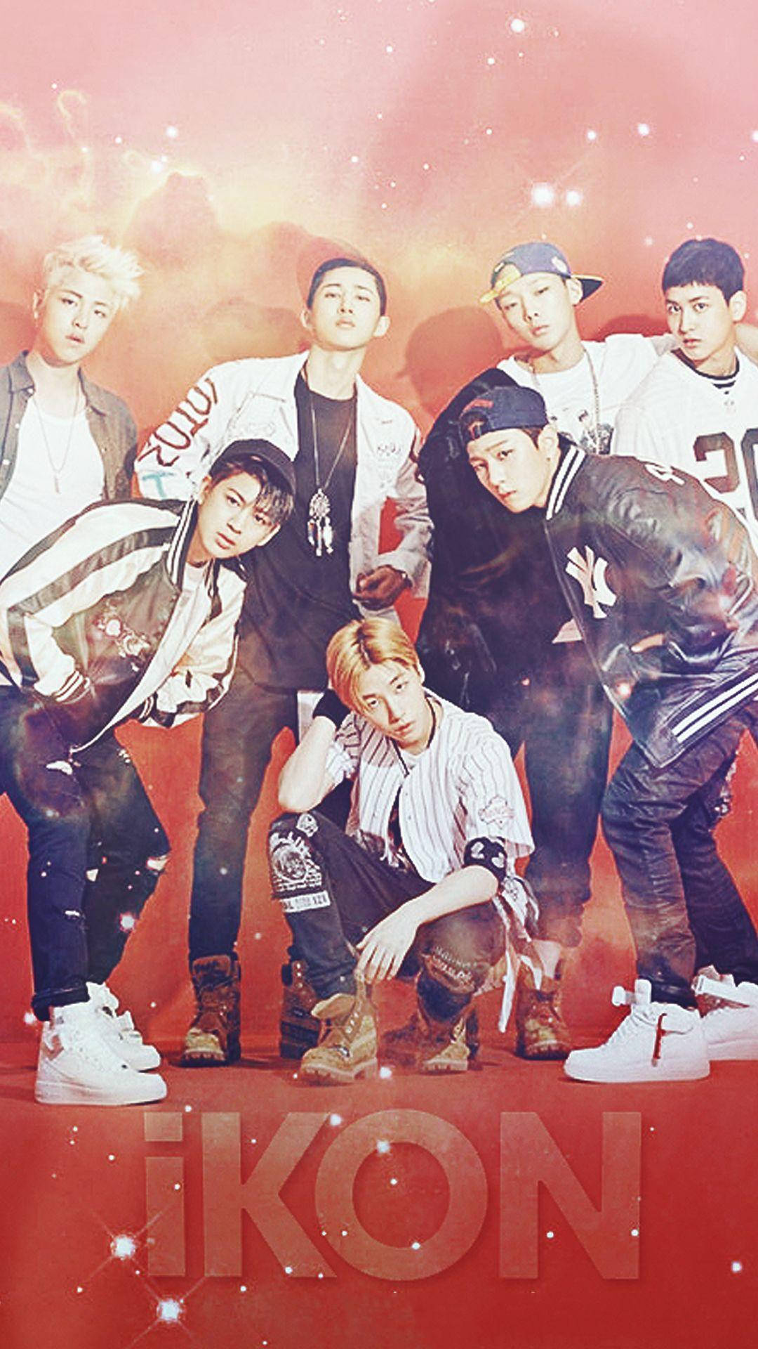 Ikon 桌布 壁紙 — 七位時尚年輕男子穿著潮流街頭服飾，在閃爍的紅色和粉紅色宇宙背景前自信地擺姿勢，背景有閃爍的星星。