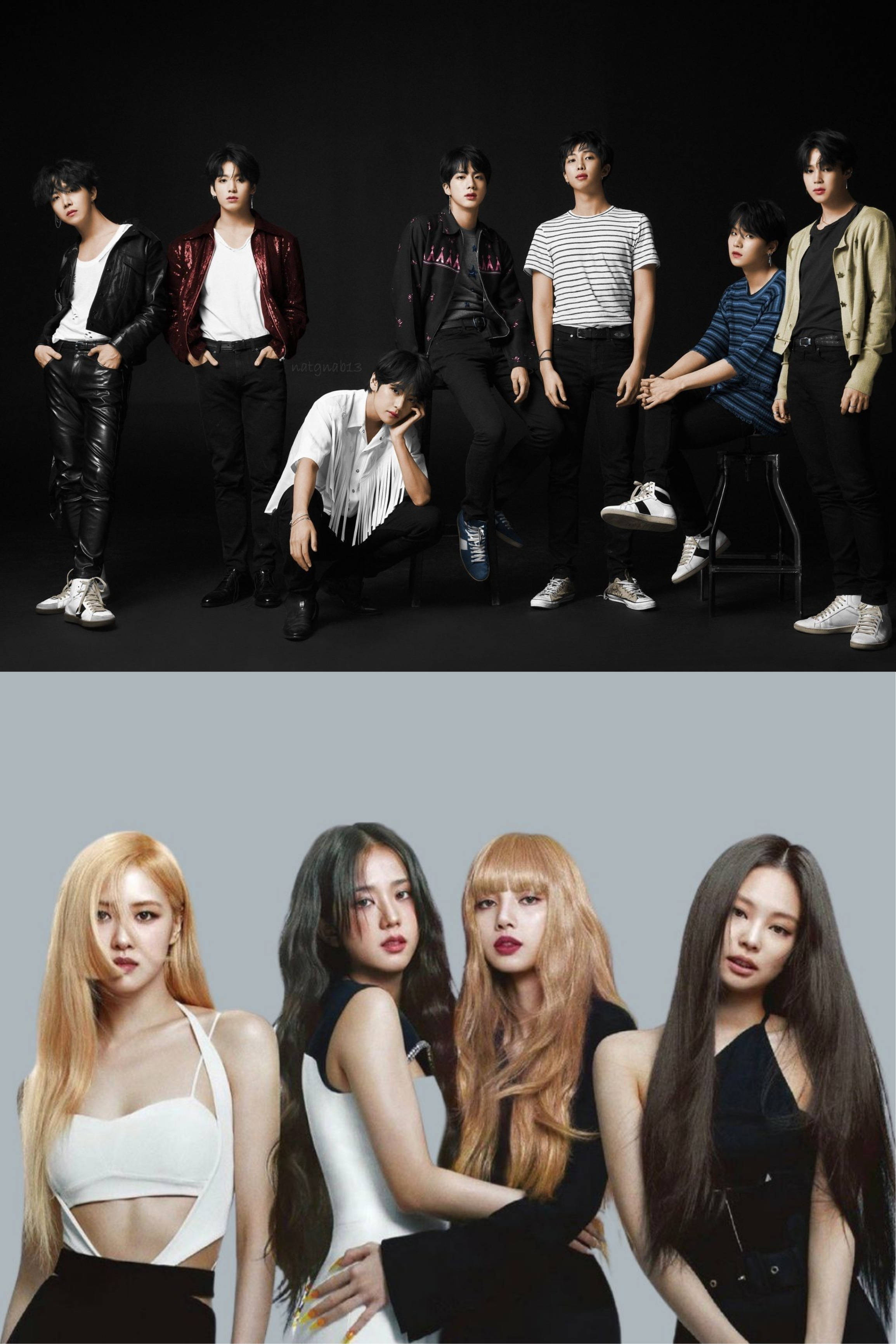 BTS 和 BLACKPINK 桌布 壁紙 — 七位時尚男士和四位魅力女士在深色和淺色工作室背景前自信地擺姿勢，穿著時尚街頭服飾和別緻服裝。