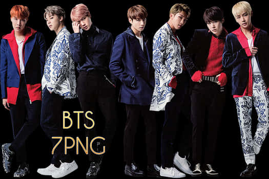 BTS 桌布 壁紙 — 七位時尚的K-pop偶像在黑色背景前自信地擺出姿勢，穿著大膽的紅、藍、白色服裝。