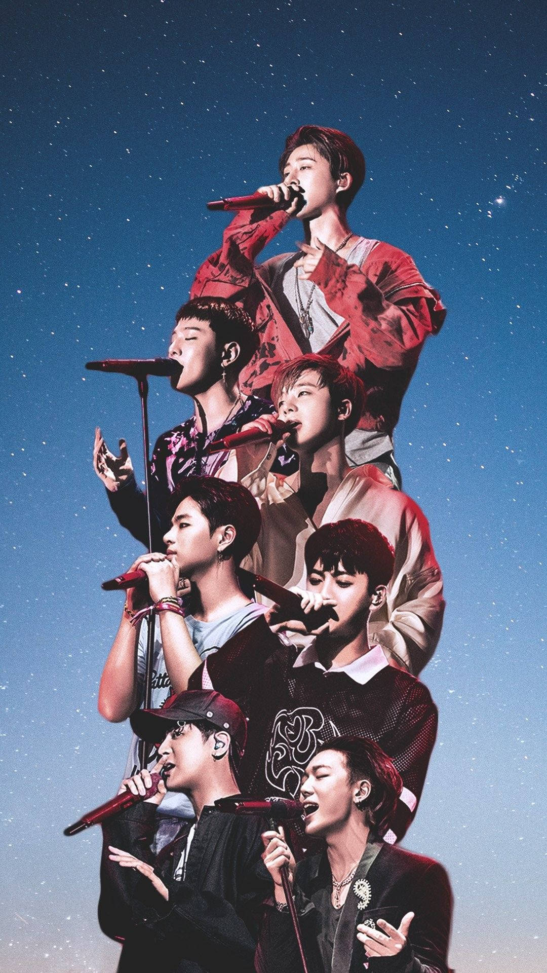 Ikon 桌布 壁紙 — 七位男歌手以層疊姿勢對著麥克風唱歌，背景是星空夜空。