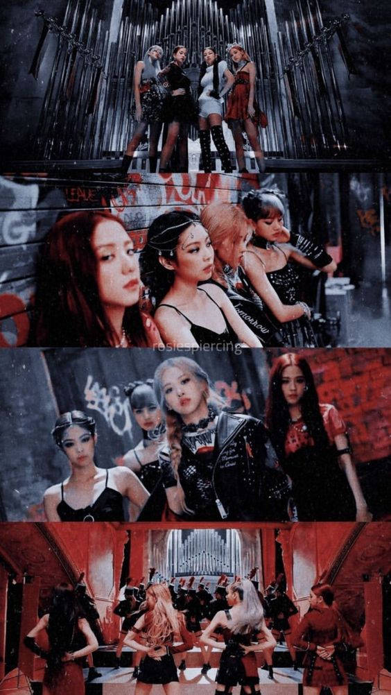 BLACKPINK 桌布 壁紙 — 七位穿著前衛服裝的女性在充滿金屬感的工業環境中自信地擺姿勢，背景有塗鴉牆和紅色燈光。