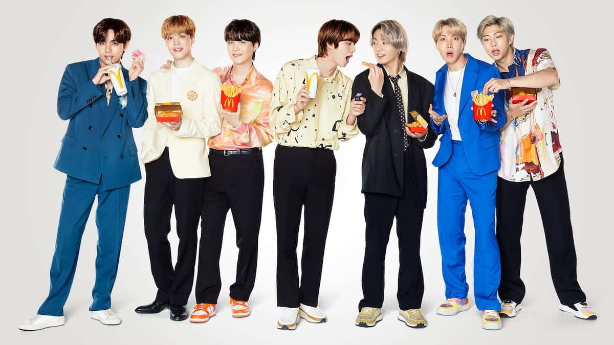 Bts Mac 桌布 壁紙 — 七位穿著大膽西裝的時尚男士在純白背景前與麥當勞食物俏皮地擺姿勢。