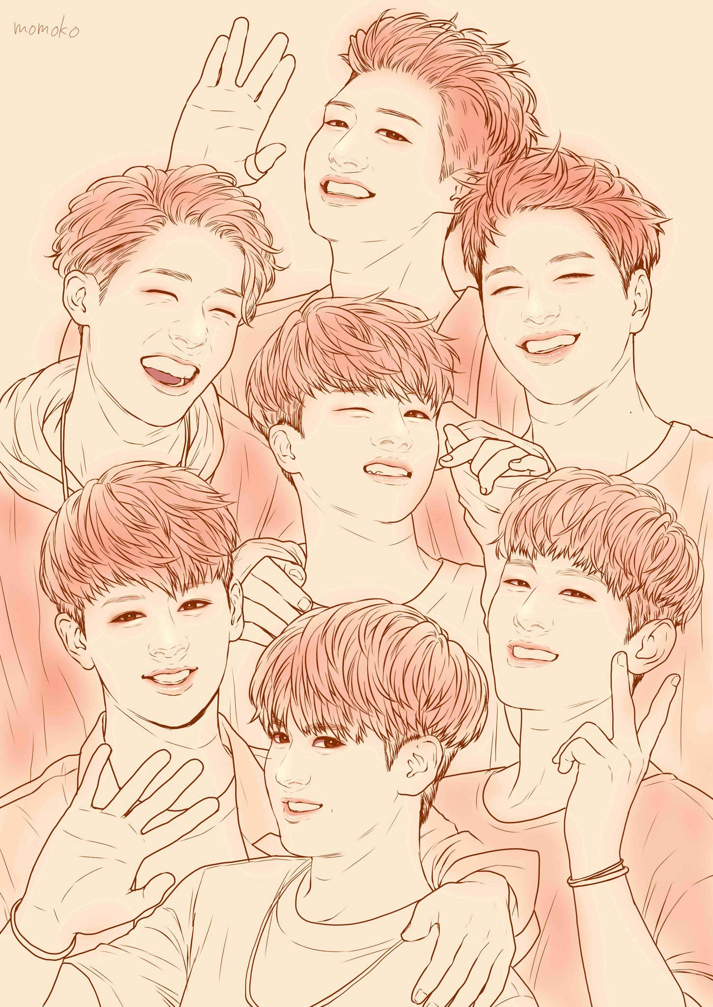 Ikon 桌布 壁紙 — 七位紅髮的開朗年輕男子在暖色調線條插圖中微笑揮手。